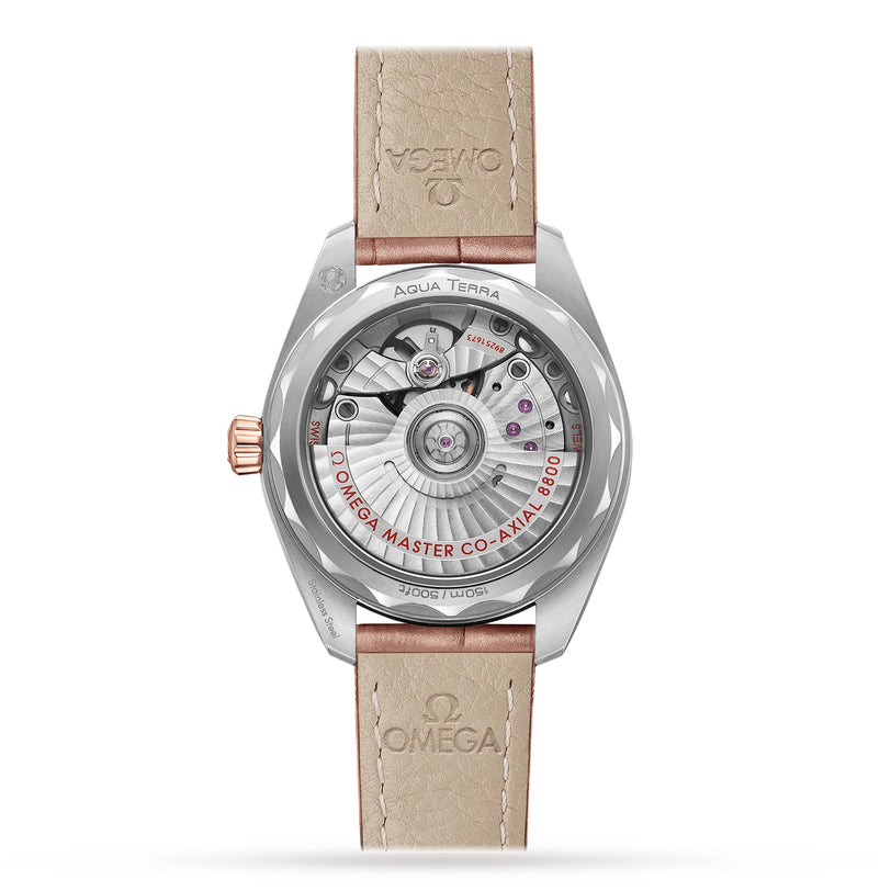 Back view of the OMEGA Seamaster Aqua Terra 150M, showcasing a transparent case back, visible Master Chronometer movement, engraved details, and a beige leather strap with OMEGA branding.