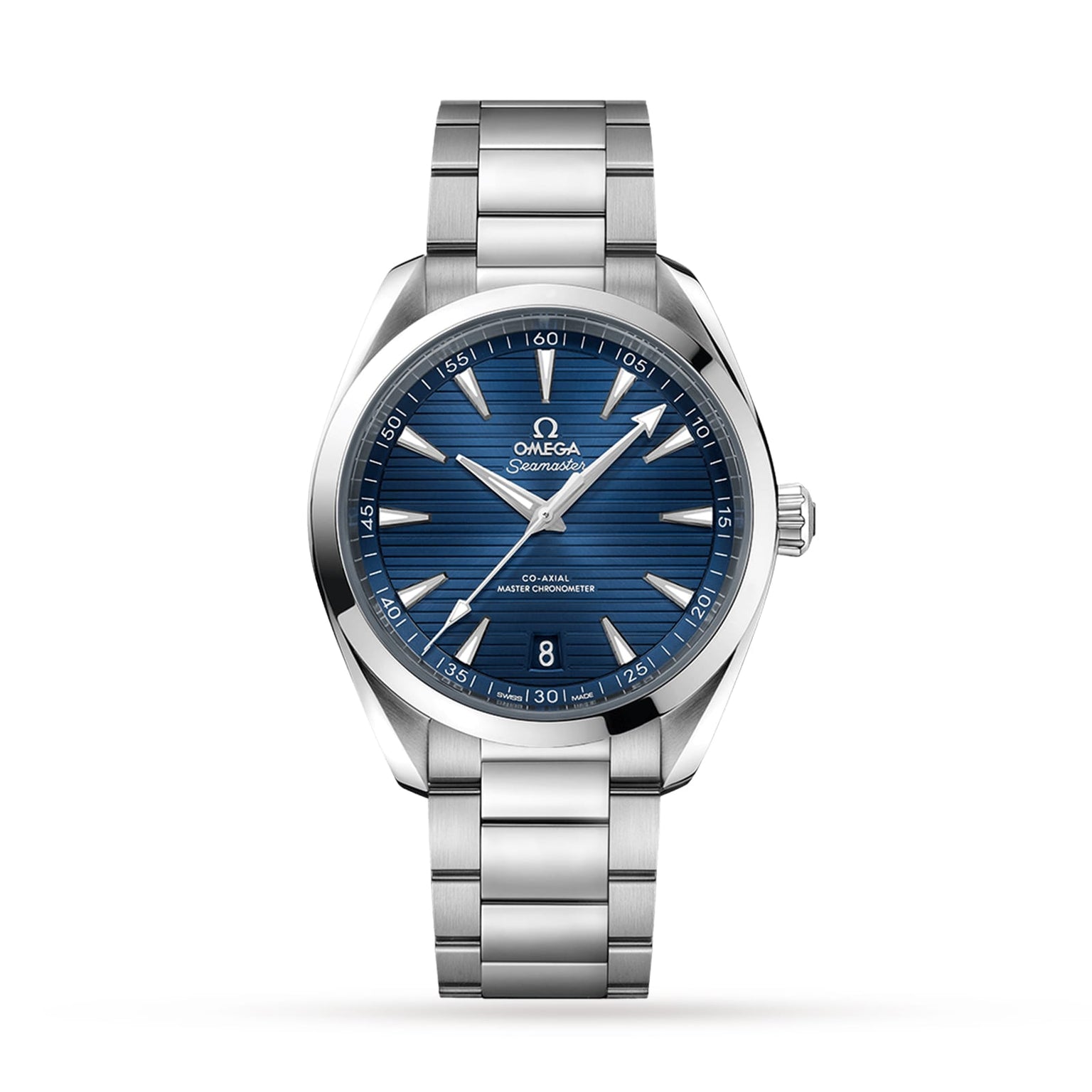 The OMEGA Seamaster Aqua Terra 150M wristwatch features a stainless steel case, blue textured dial, silver hour markers, date window at 6 o’clock, and metal link bracelet, reflecting maritime heritage on a white background.