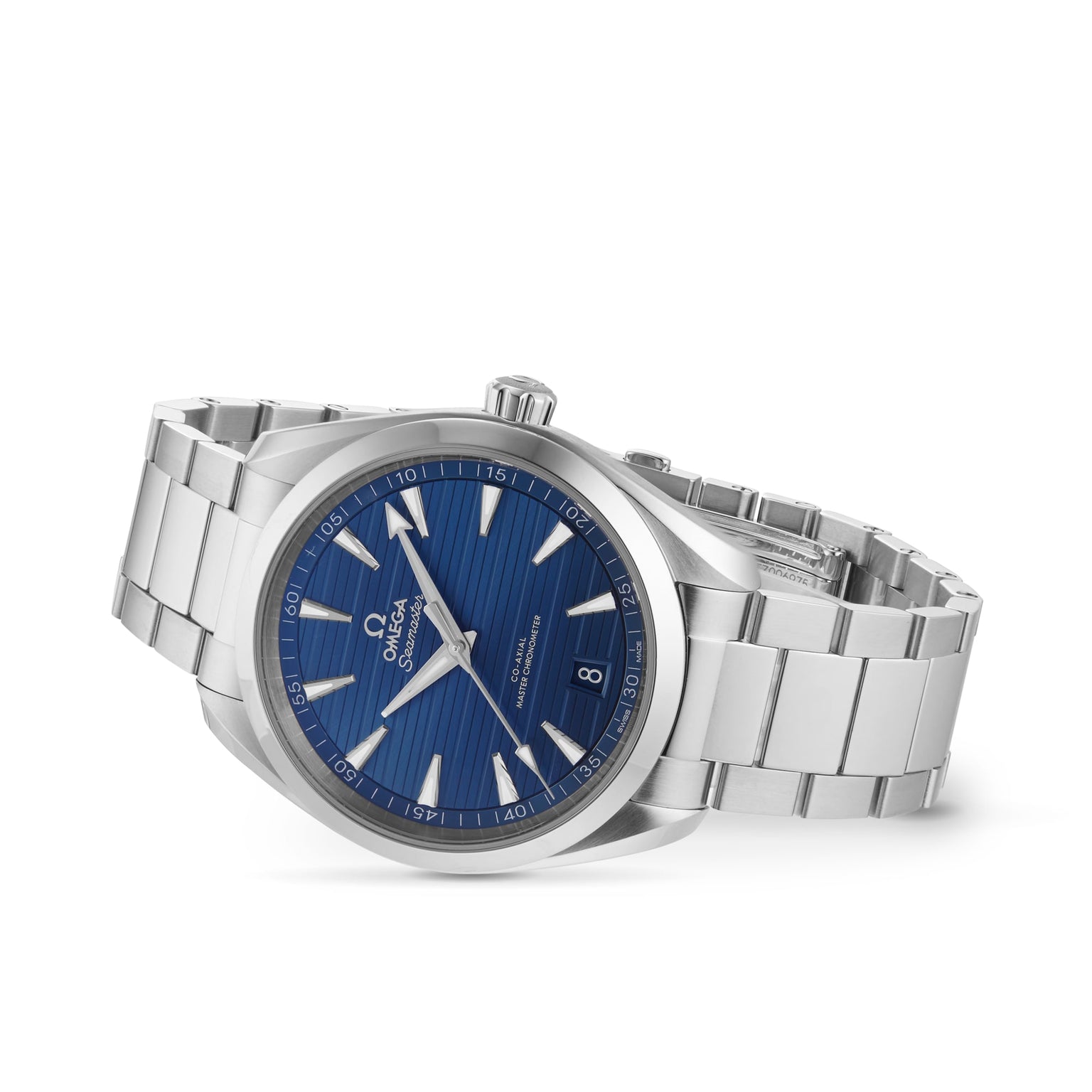 The OMEGA Seamaster Aqua Terra 150M is a silver wristwatch with maritime heritage, featuring a blue textured dial, silver hour markers, date window at 6 o’clock, and stainless steel bracelet on a white background.