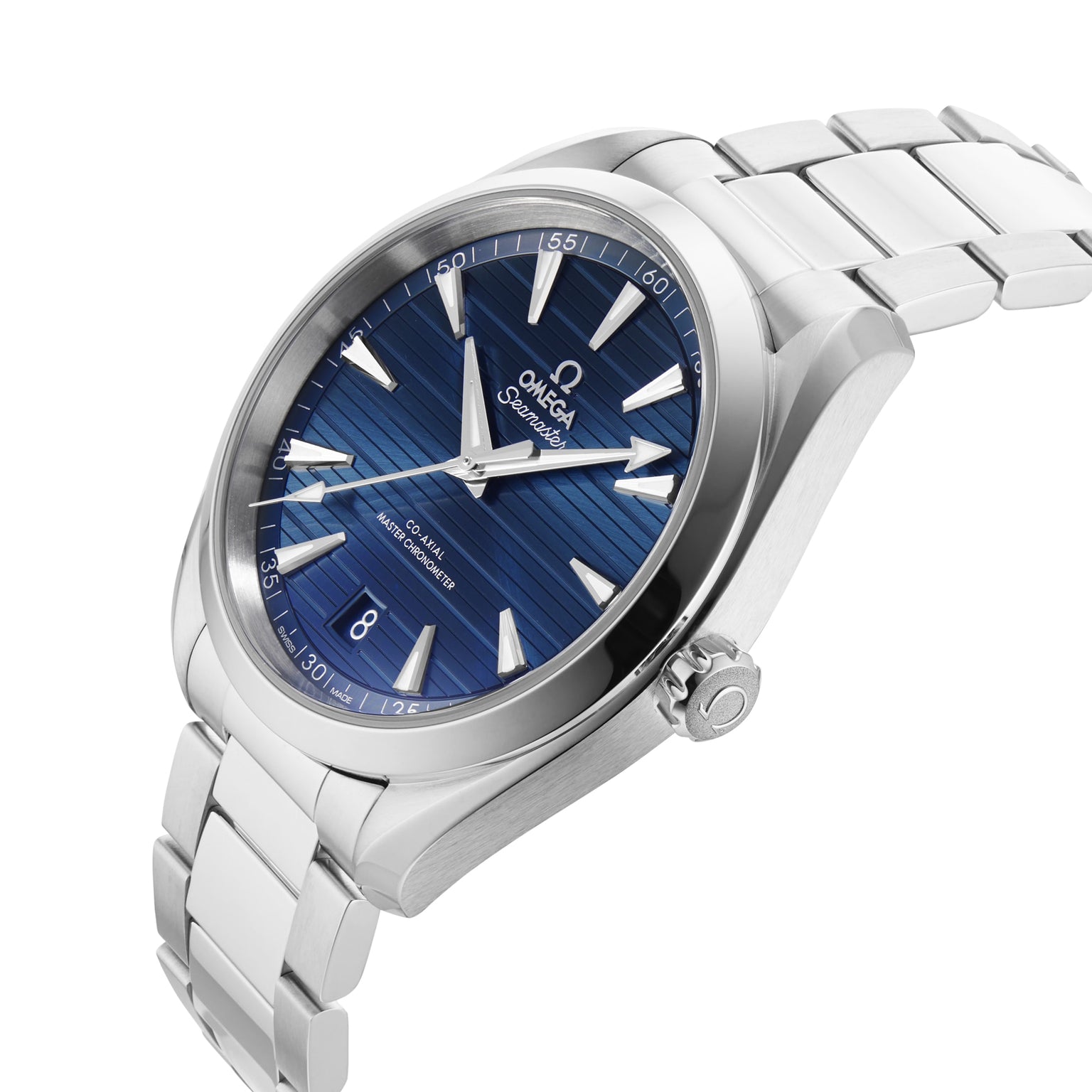 OMEGA Seamaster Aqua Terra 150M wristwatch with a blue textured dial, silver hour markers, date at 6 o’clock, and stainless steel bracelet—honoring maritime heritage and Master Chronometer precision.