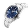 OMEGA Seamaster Aqua Terra 150M wristwatch with a blue textured dial, silver hour markers, date at 6 o’clock, and stainless steel bracelet—honoring maritime heritage and Master Chronometer precision.