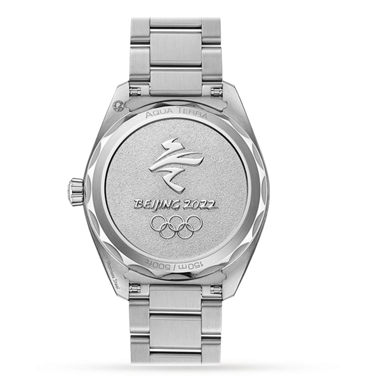 The back of the OMEGA Seamaster Aqua Terra 150M is engraved with the Beijing 2022 emblem, Olympic rings, Aqua Terra and 150m/500ft inscriptions, and is powered by the precise 8900 calibre movement.