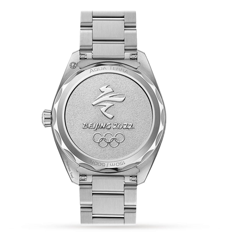 The back of the OMEGA Seamaster Aqua Terra 150M is engraved with the Beijing 2022 emblem, Olympic rings, Aqua Terra and 150m/500ft inscriptions, and is powered by the precise 8900 calibre movement.
