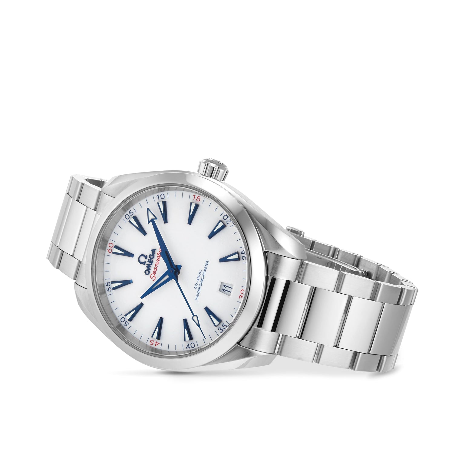 The OMEGA Seamaster Aqua Terra 150M features a stainless steel case, white dial with blue hour markers and hands, red accents, calibre 8900 movement, and a metal bracelet, shown at an angle.