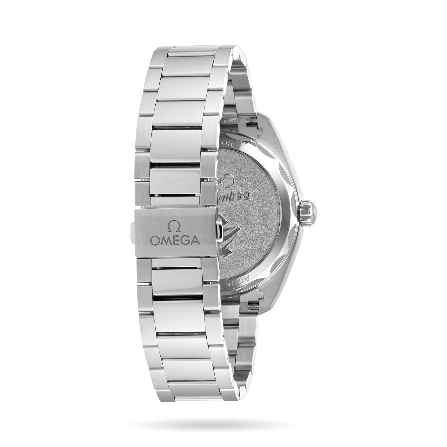 A close-up of the back and bracelet of the stainless steel OMEGA Seamaster Aqua Terra 150M wristwatch, highlighting the engraved OMEGA logo on its clasp.