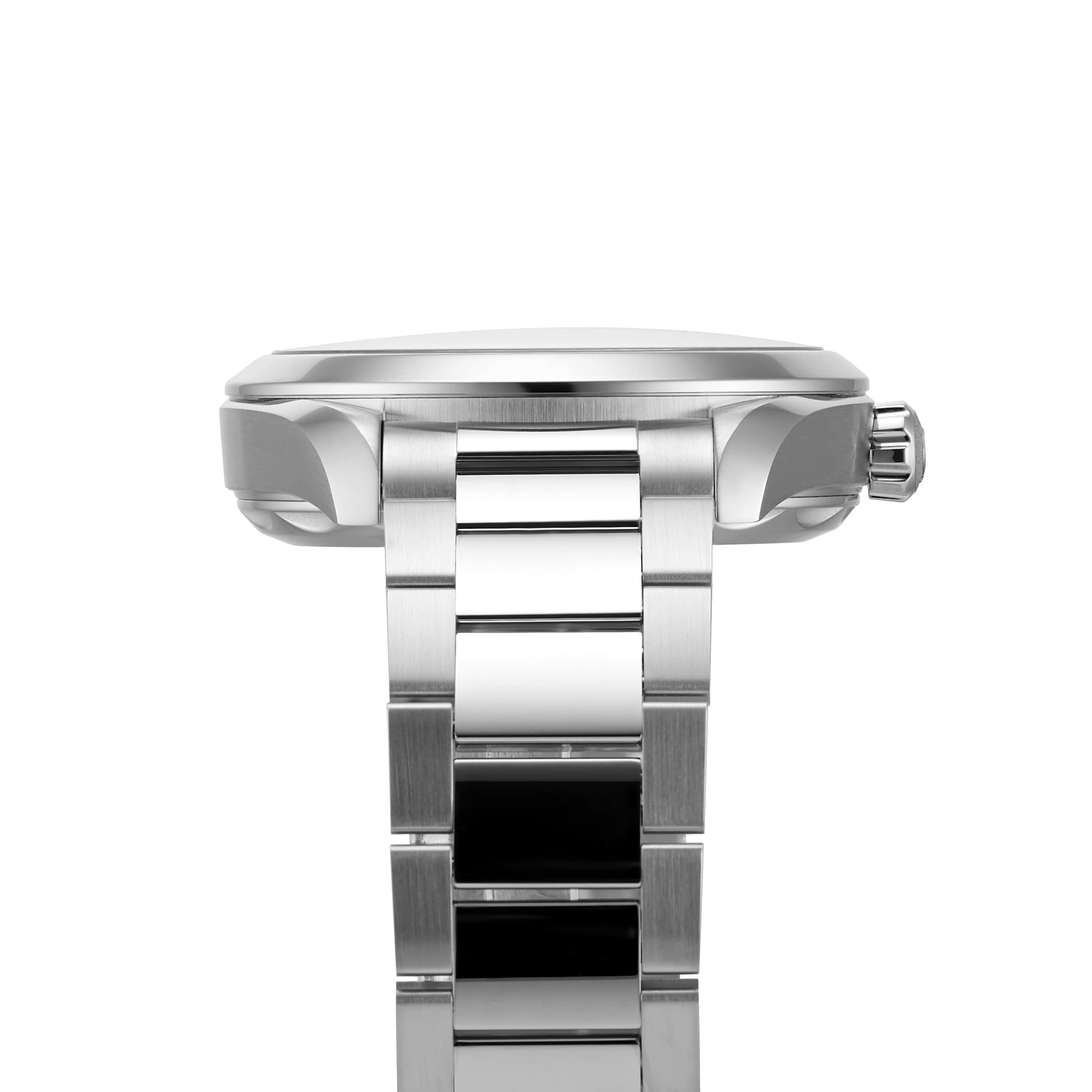Side view of the OMEGA Seamaster Aqua Terra 150M stainless steel watch with a metal link band, visible crown, and 8900 calibre movement on a white background.