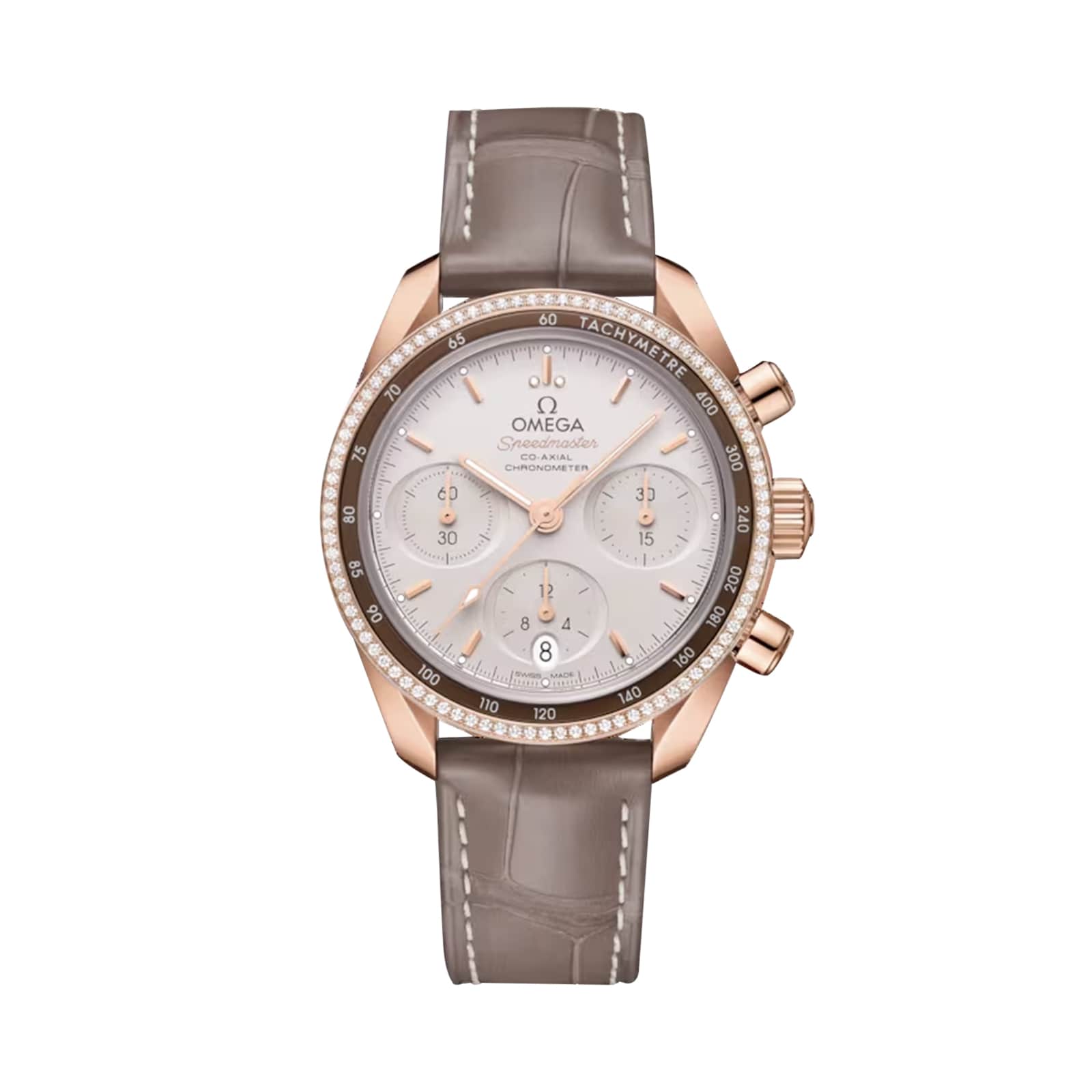 The OMEGA Speedmaster 38 chronograph features 18K Sedna™ gold, a grey alligator strap, silver dial with diamond bezel, three subdials, and a Co-Axial Calibre 3330 movement, displayed on a plain white background.