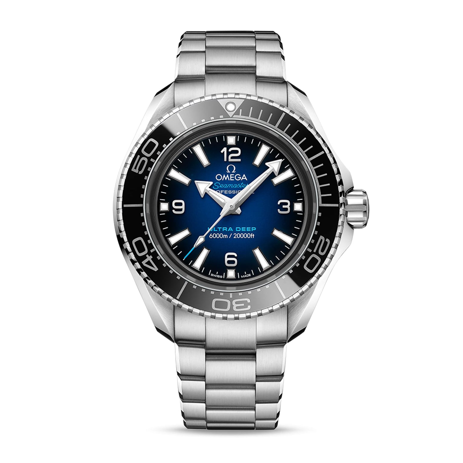 The OMEGA Seamaster Planet Ocean 6000M dive watch, crafted in O-MEGASTEEL, features a blue gradient dial, white hour markers, black rotating bezel, and is powered by the 8912 calibre movement.