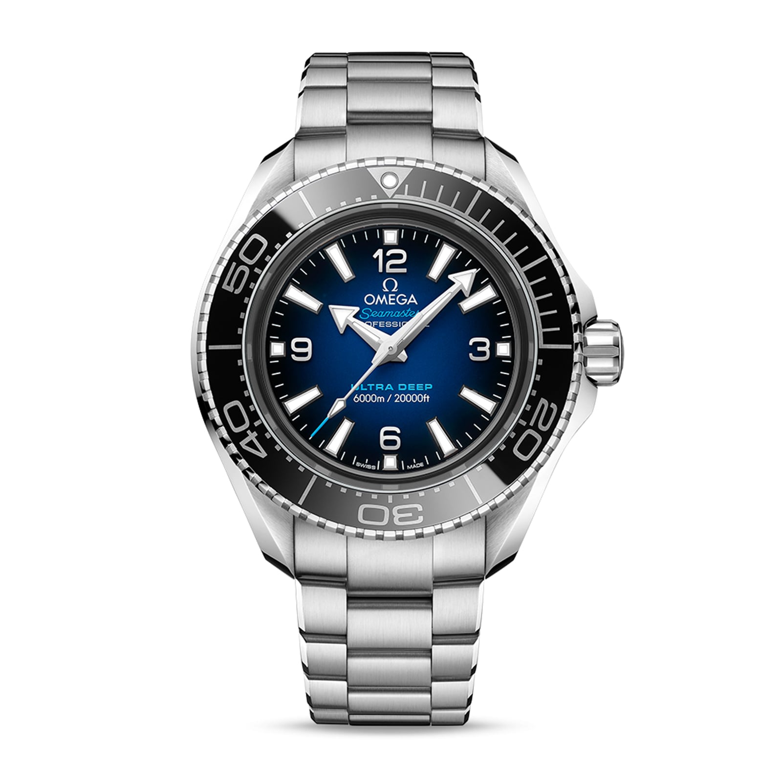 The OMEGA Seamaster Planet Ocean 6000M dive watch, crafted in O-MEGASTEEL, features a blue gradient dial, white hour markers, black rotating bezel, and is powered by the 8912 calibre movement.