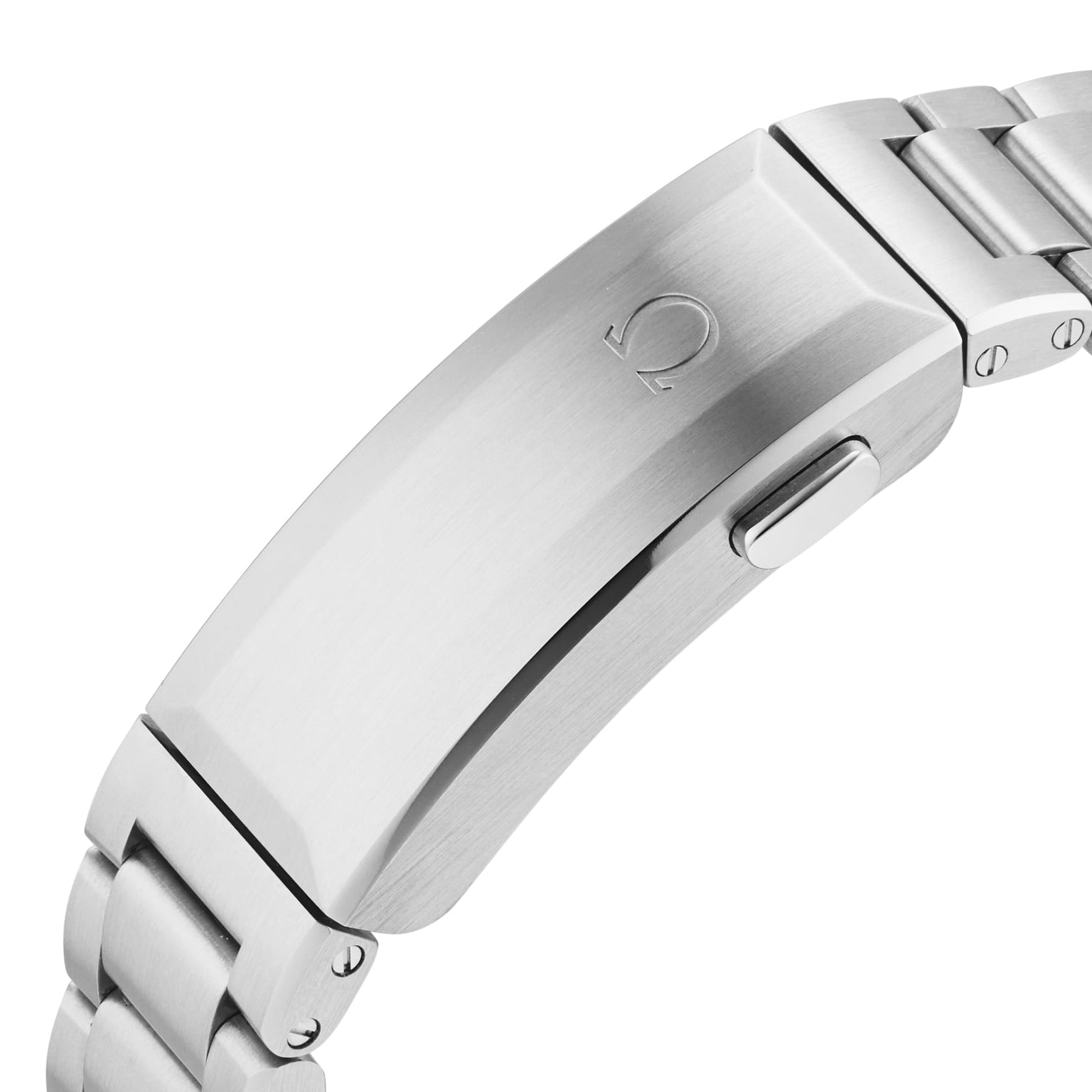 Close-up of a brushed stainless steel OMEGA clasp with engraved logo, featured on the Seamaster Planet Ocean 6000M, inspired by the Ultra Deep collection of saturation divers’ watches.