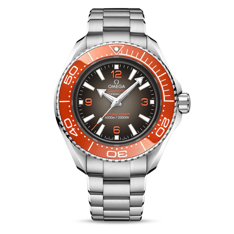 An OMEGA Seamaster Planet Ocean 6000M stainless steel divers’ watch featuring a red-orange bezel, black dial with silver hour markers, metal bracelet, and Ultra Deep 6000m/20000ft displayed on the dial.