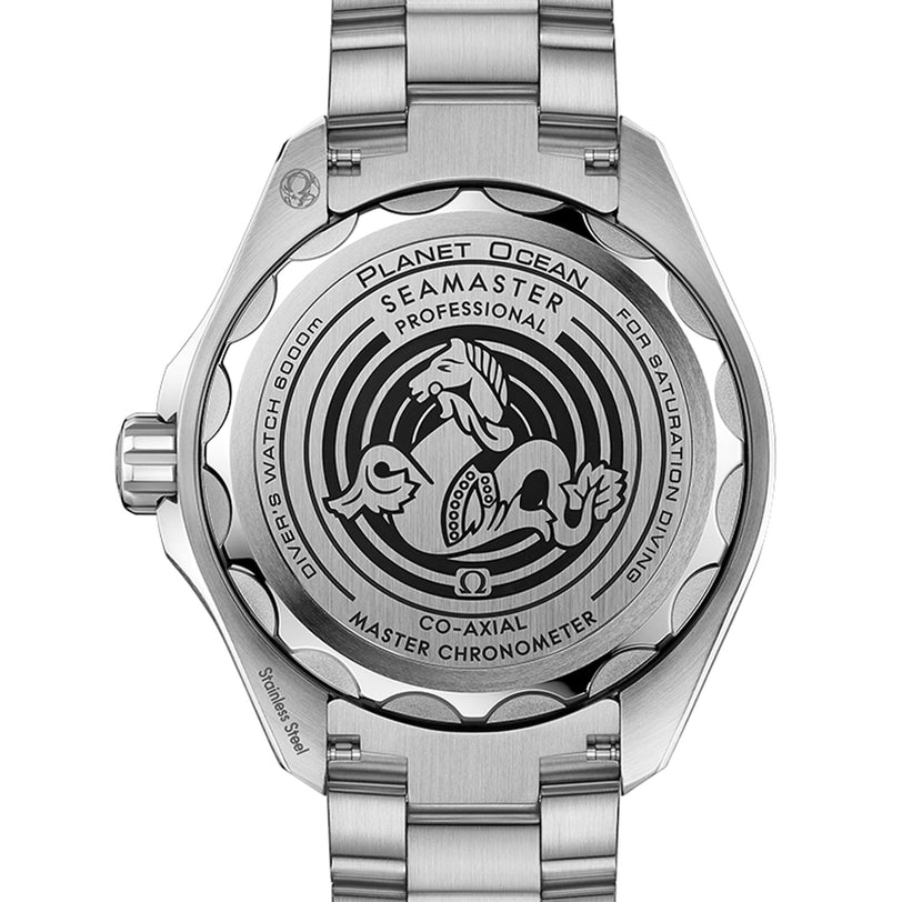 Back view of the OMEGA Seamaster Planet Ocean 6000M, showing the engraved seahorse logo, concentric circles, and technical engravings on its durable O-MEGASTEEL stainless steel case.