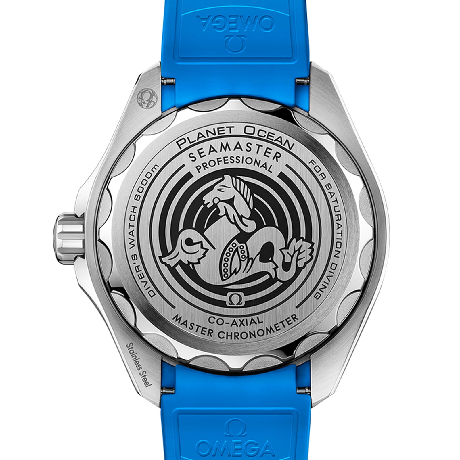 Close-up of the back of an OMEGA Seamaster Planet Ocean 600M in O-MEGASTEEL, highlighting its engraved details and blue strap.