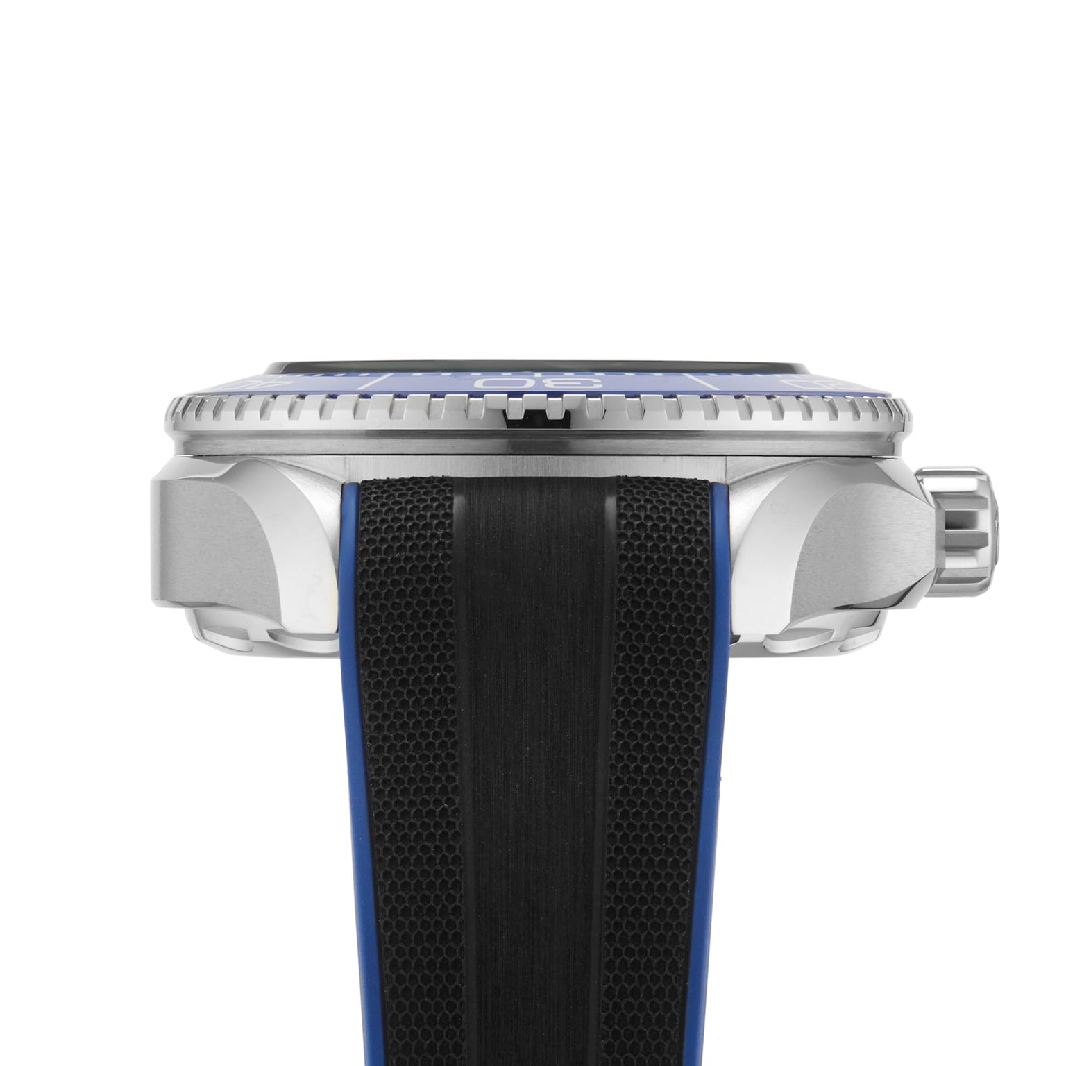 Side view of the OMEGA Seamaster Planet Ocean 6000M with a robust O-MEGASTEEL case, textured blue and black strap, and ridged crown. Its water-resistant design ensures lasting durability for daily use.