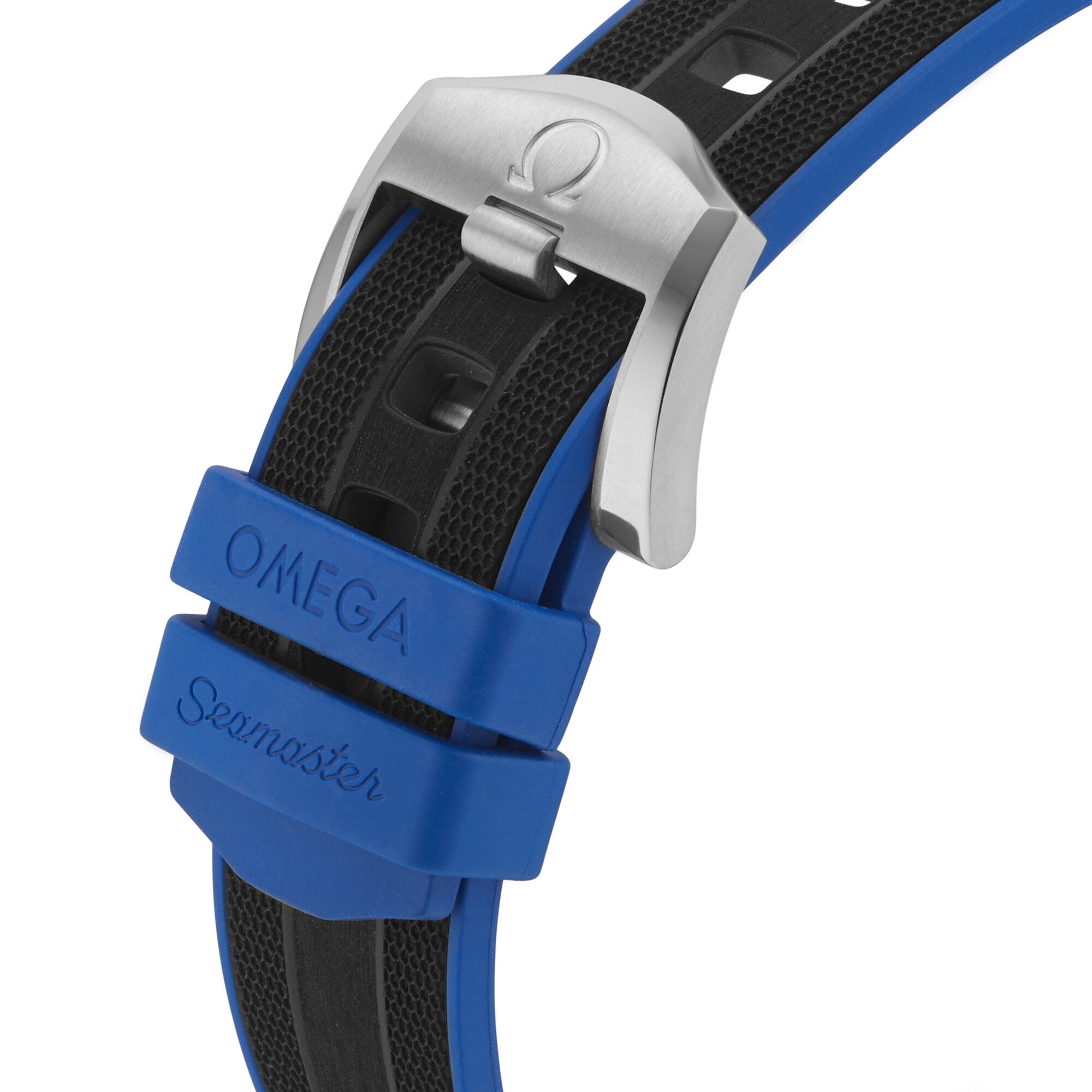 Close-up of an OMEGA Seamaster Planet Ocean 6000M blue and black rubber strap with silver buckle, OMEGA branding, textured details, and crafted in water-resistant O-MEGASTEEL.