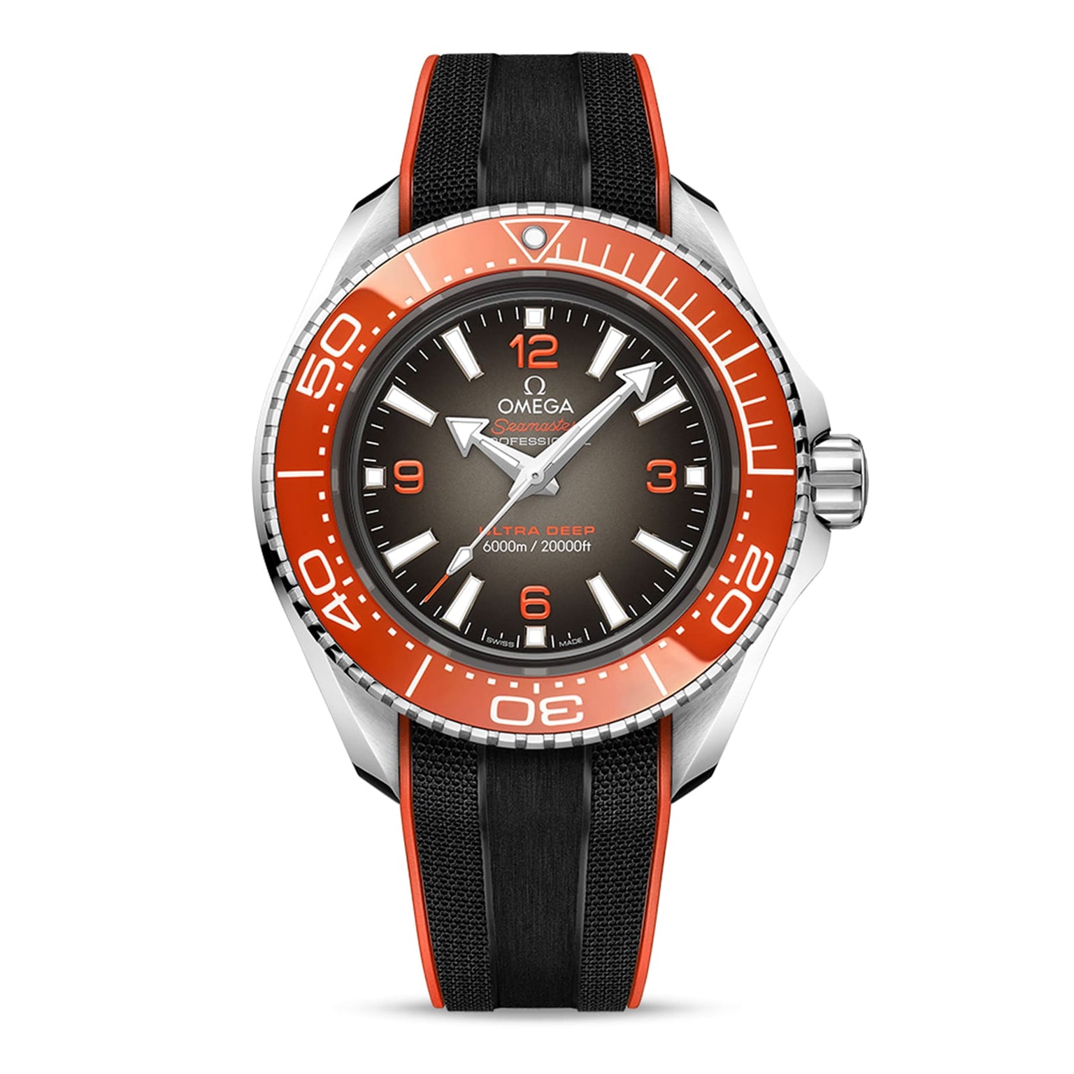 The OMEGA Seamaster Planet Ocean 6000M features a black and orange face, orange bezel marked to 60, and black band. Crafted in O-MEGASTEEL, it’s inspired by saturation divers’ watches and offers 6000m/20,000ft water resistance.