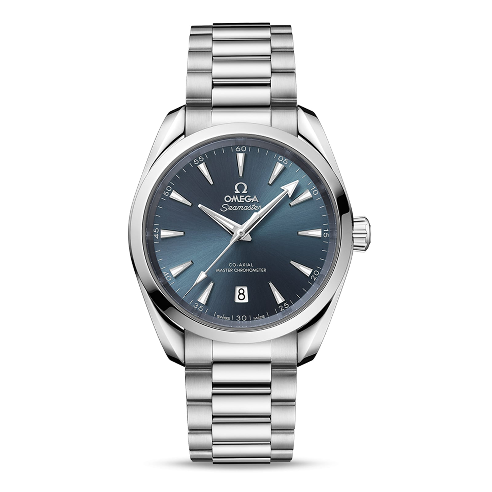 The OMEGA Seamaster Aqua Terra 150M features a stainless steel case, blue dial, silver hour markers, date at 6 o’clock, metal link bracelet, and is Master Chronometer certified for exceptional accuracy and performance.