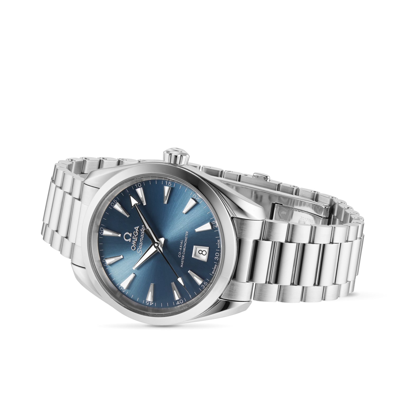 An OMEGA Seamaster Aqua Terra 150M wristwatch with a blue dial, silver hour markers, date window at 6 o’clock, and metal link bracelet, shown on a white background.