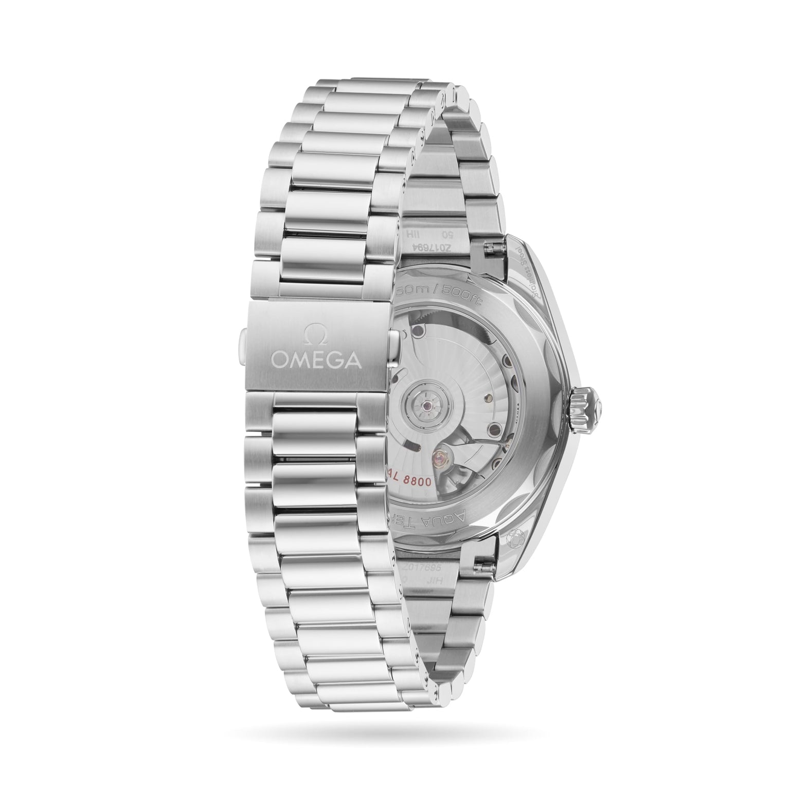 The image shows the back of an OMEGA Seamaster Aqua Terra 150M watch, featuring its transparent case back and stainless steel bracelet.