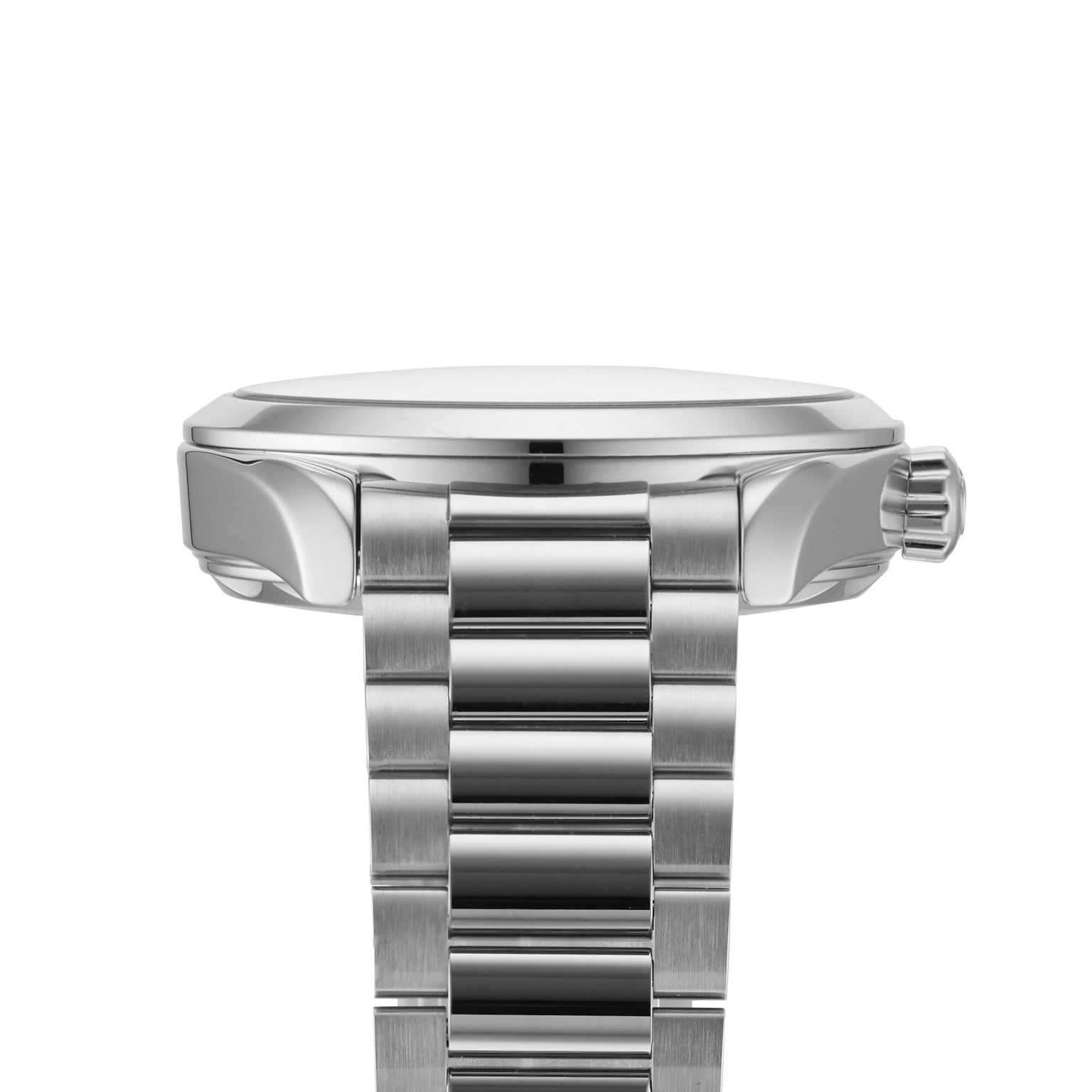 Side view of the OMEGA Seamaster Aqua Terra 150M, featuring a stainless steel case, metal link bracelet, and a textured crown on the right side.