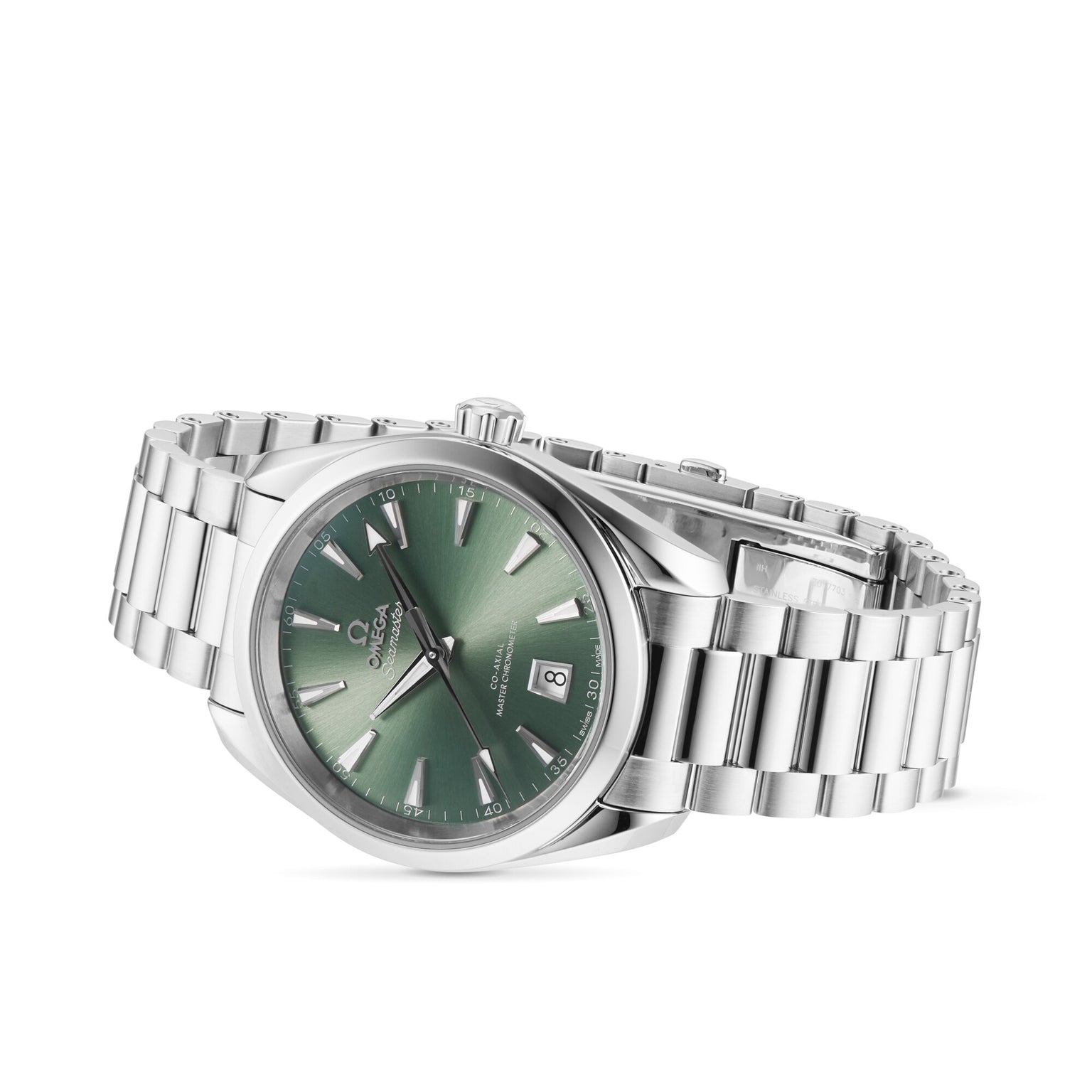 The OMEGA Seamaster Aqua Terra 150M features a green dial, date window at 6 o’clock, stainless steel case and bracelet, plus a precise 8800 calibre movement—a modern tribute to OMEGA’s iconic Seamaster legacy. Shown on white background.