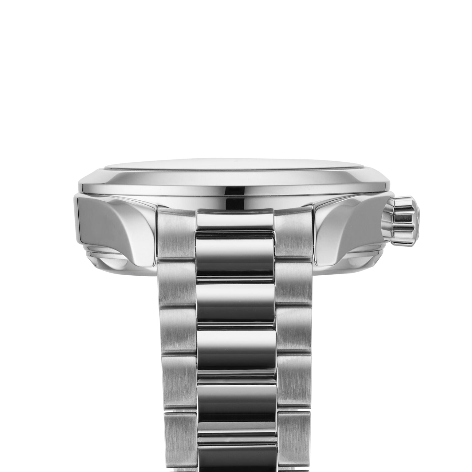 Side view of the OMEGA Seamaster Aqua Terra 150M shows its stainless steel case, metal link bracelet, crown, brushed finish, and heritage design—powered by the advanced 8800 calibre movement.