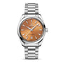 An OMEGA Seamaster Aqua Terra 150M wristwatch with a brushed orange dial, silver hour markers, date window at 6 o’clock, stainless steel bracelet, and Master Chronometer certified Calibre 8800 movement.