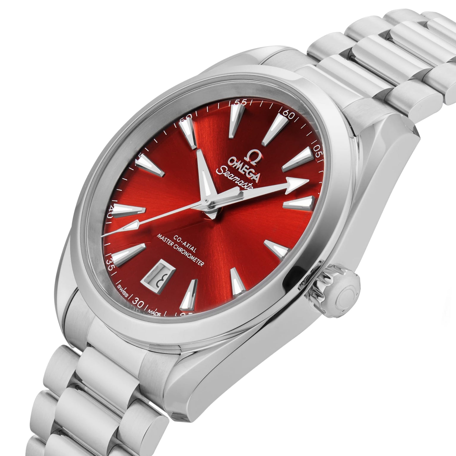 The OMEGA Seamaster Aqua Terra 150M features a stainless steel case, red dial with silver markers and hands, date window at 6 o’clock, metal bracelet, and is powered by the precise Calibre 8800 movement.