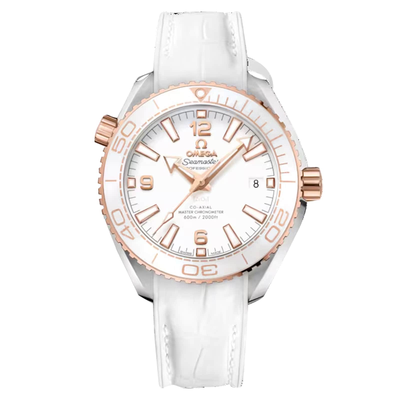 The OMEGA Seamaster Planet Ocean 600M features a white leather strap, white dial, rose gold bezel and hour markers, Master Chronometer certification, and a date display at 3 o’clock.