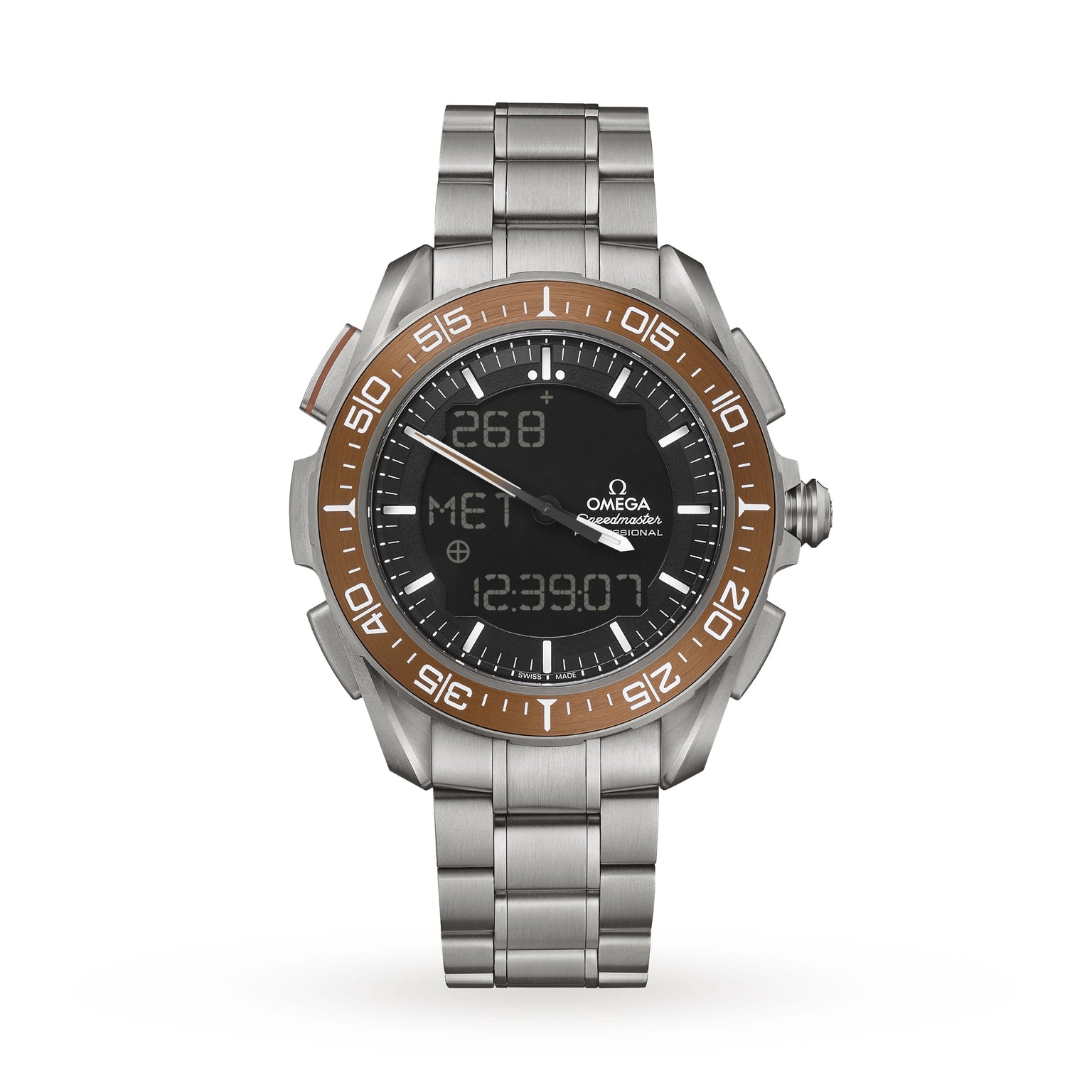 An OMEGA Speedmaster X‑33 Marstimer wristwatch in stainless steel features a brown bezel, analog hands, and a digital display showing time, text, and numbers on a white background.