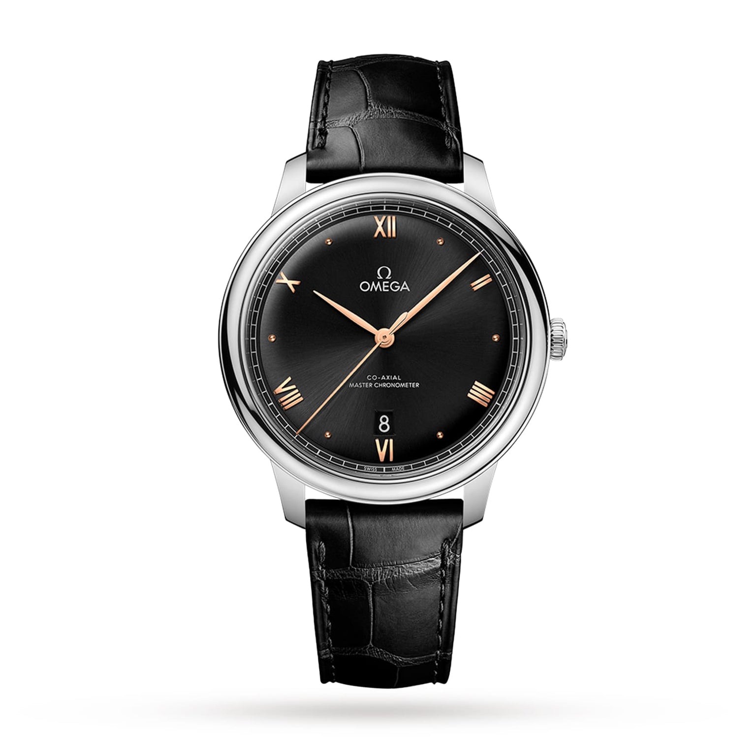 The OMEGA De Ville Prestige wristwatch features a black leather strap, black dial, gold Roman numerals, stainless steel case, and a date window at 6 o’clock, shown against a white background.