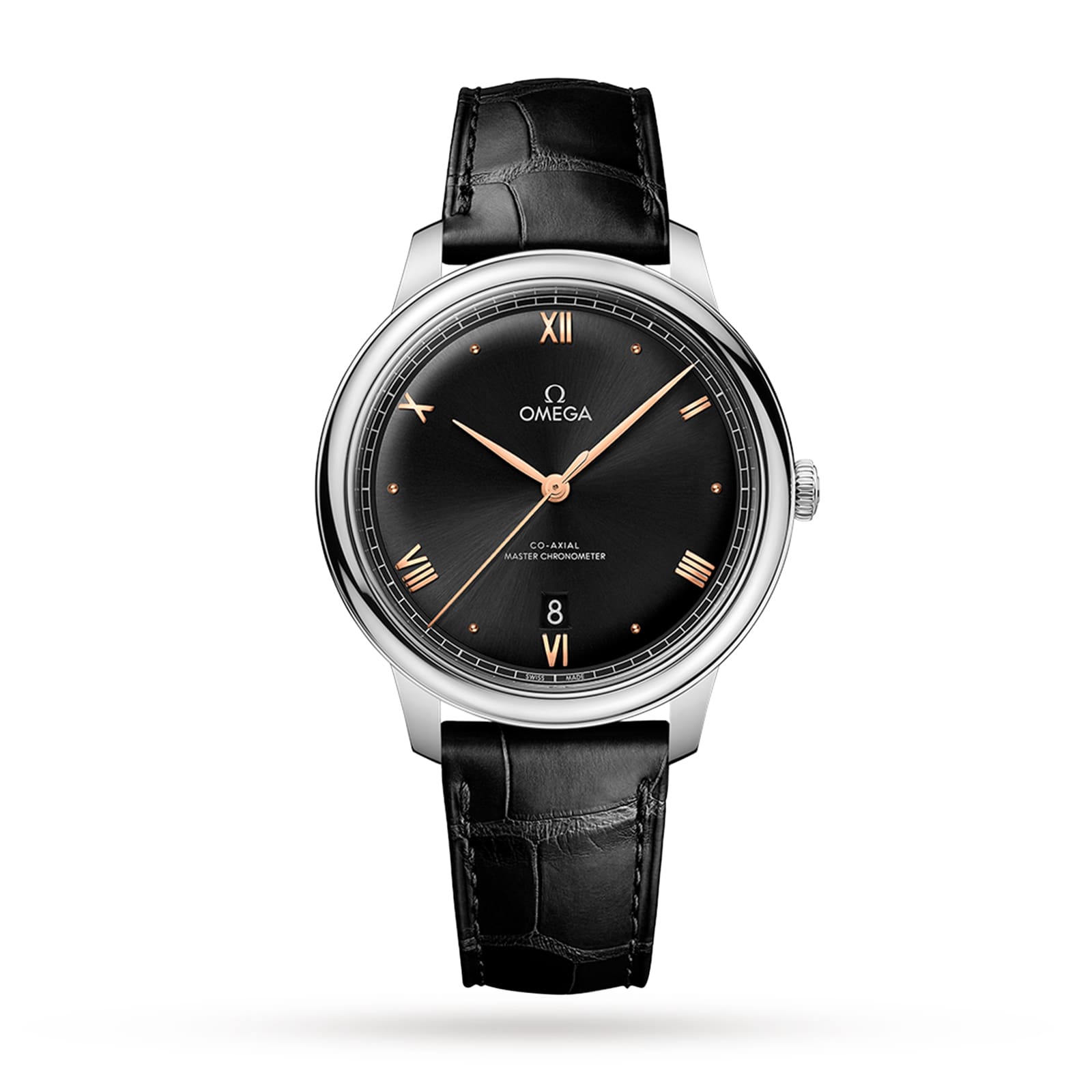 The OMEGA De Ville Prestige wristwatch features a black leather strap, black dial, gold Roman numerals, stainless steel case, and a date window at 6 o’clock, shown against a white background.