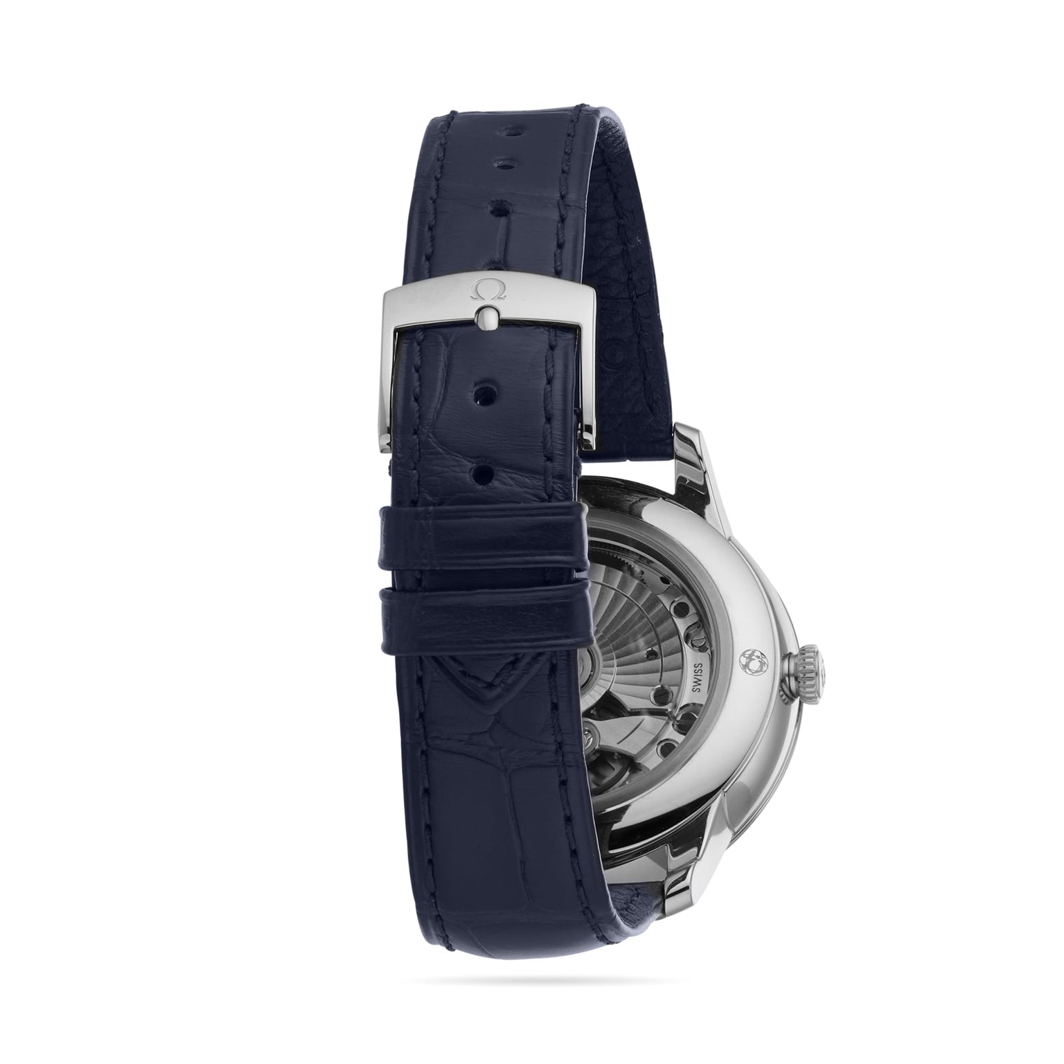 Rear view of the OMEGA De Ville Prestige, featuring a stainless steel case, blue leather strap with silver buckle, and a transparent case back that reveals the watch’s mechanical movement.
