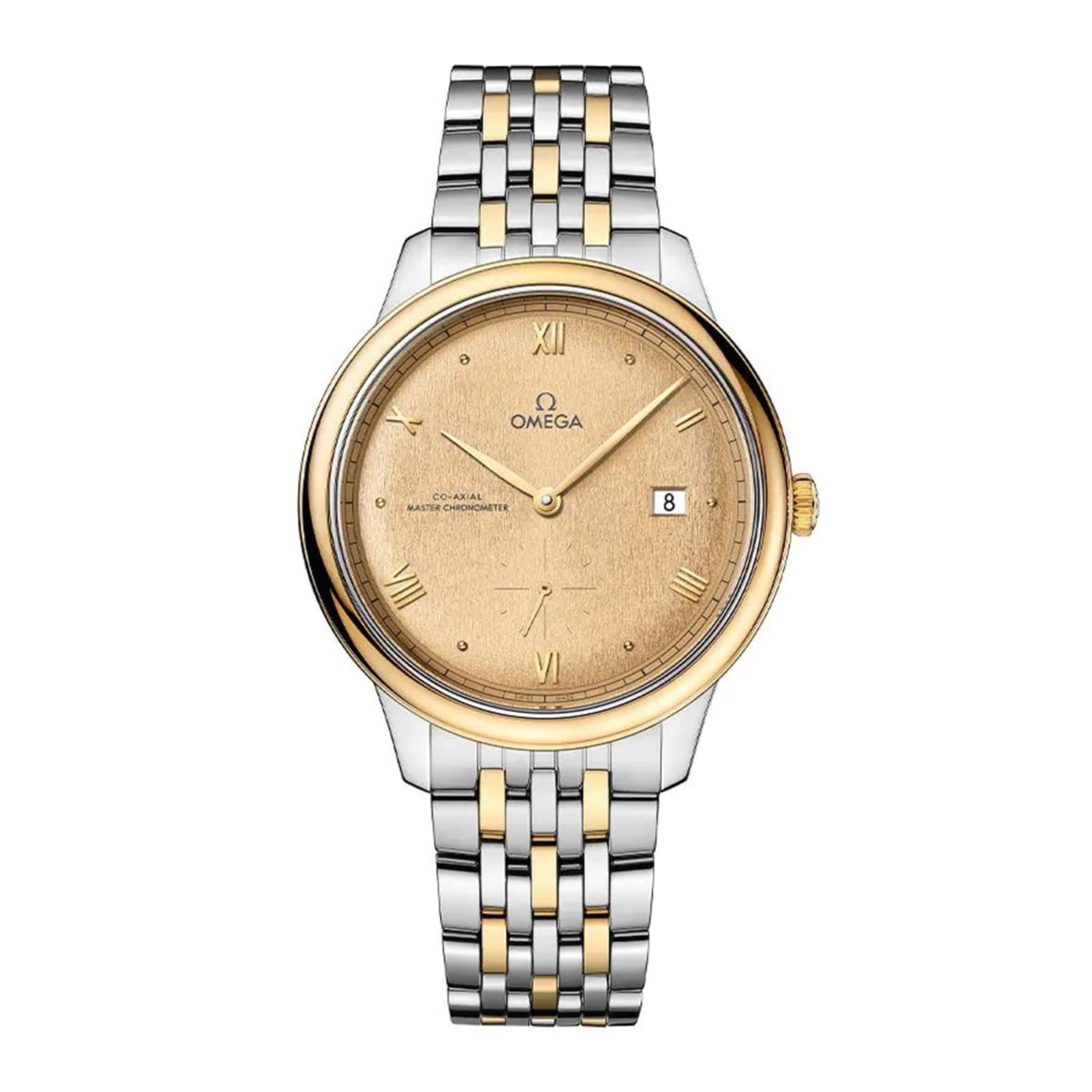 The OMEGA De Ville Prestige features a two-tone gold and silver bracelet, gold textured dial with Roman numerals, date at 3 o’clock, and is powered by the Master Co-Axial 8802 movement.