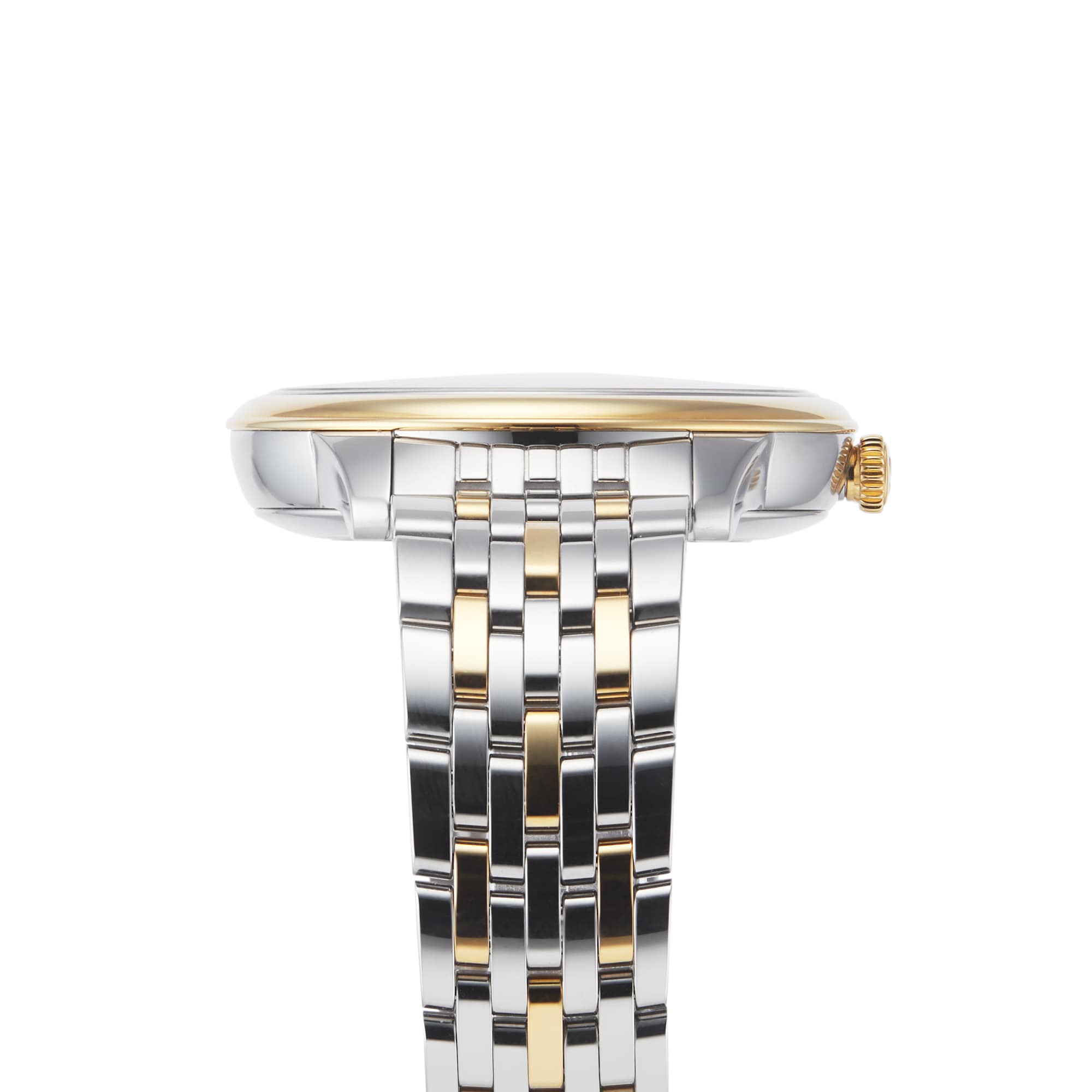 Side view of the OMEGA De Ville Prestige wristwatch with a two-tone silver and gold link band, gold-trimmed crown, and OMEGA Master Co-Axial 8802 movement, set against a white background.