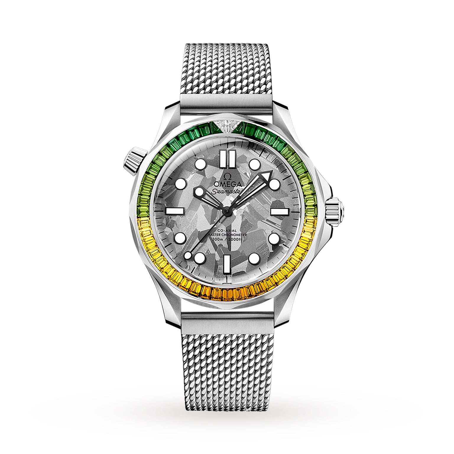 The OMEGA Seamaster Diver 300M James Bond 60th Anniversary features a stainless steel case, mesh strap, grey textured dial, and a bezel set with a green-to-yellow gradient of gemstones.