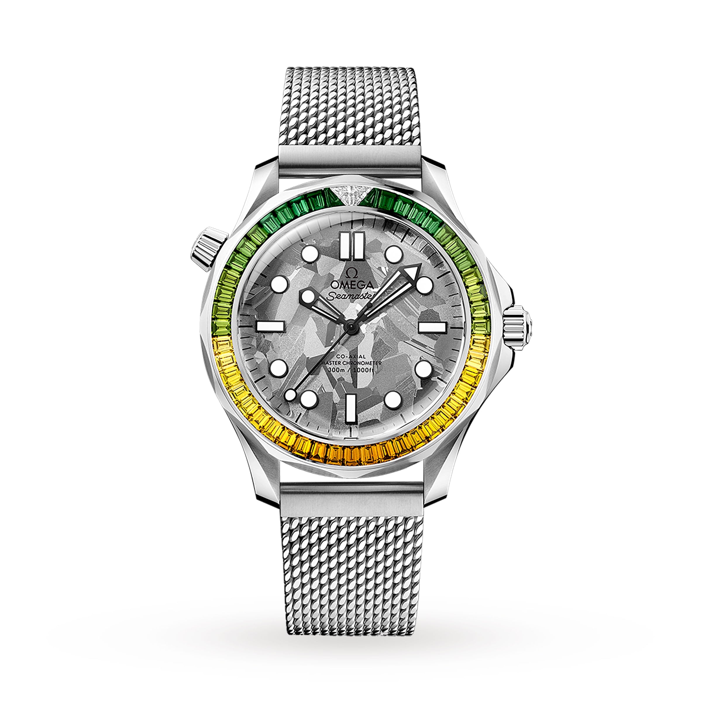 The OMEGA Seamaster Diver 300M James Bond 60th Anniversary features a stainless steel case, mesh strap, grey textured dial, and a bezel set with a green-to-yellow gradient of gemstones.