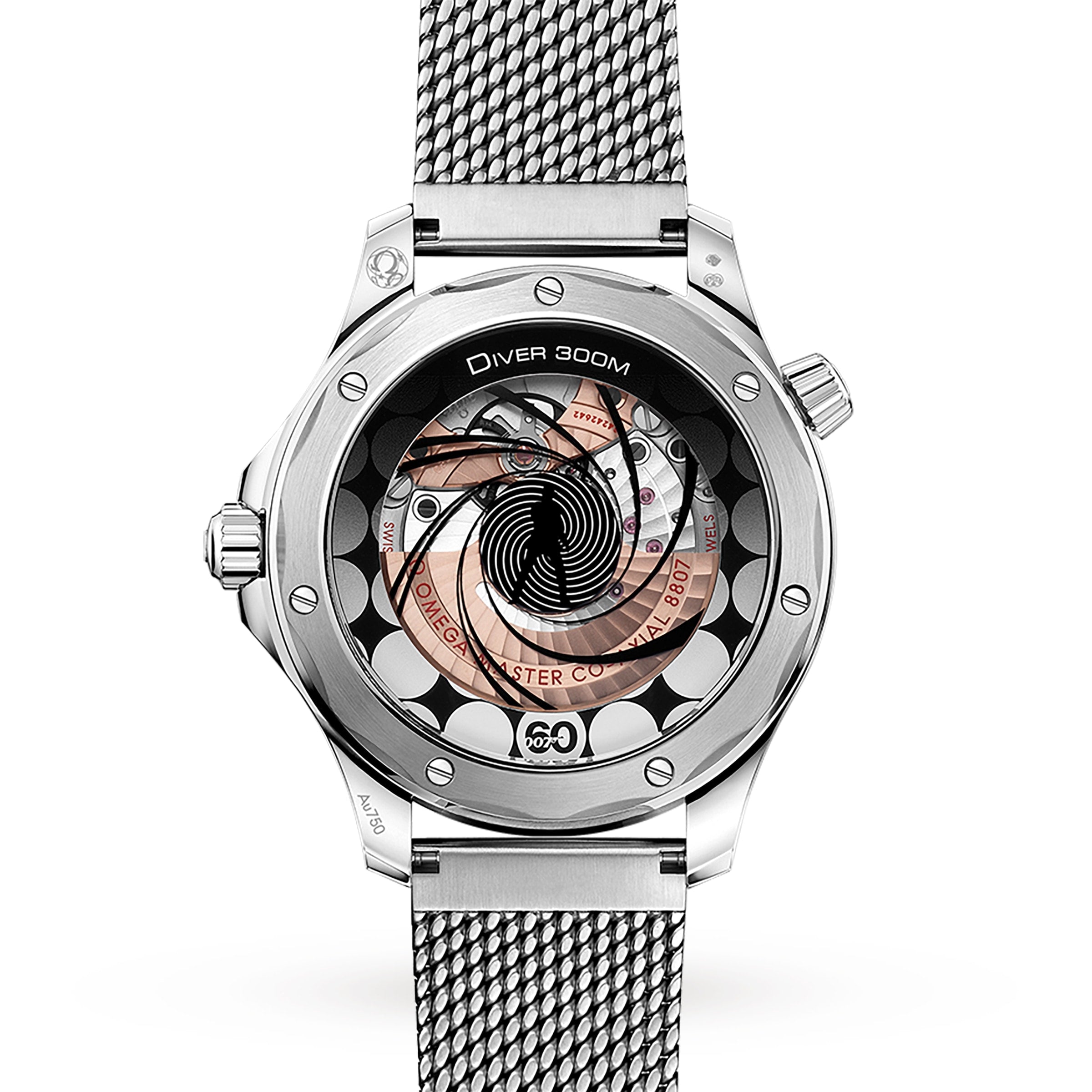 A close-up of the OMEGA Seamaster Diver 300M James Bond 60th Anniversary shows its detailed mechanical movement through a sapphire case back, paired with a metal mesh band and inspired by the iconic 007 legacy.