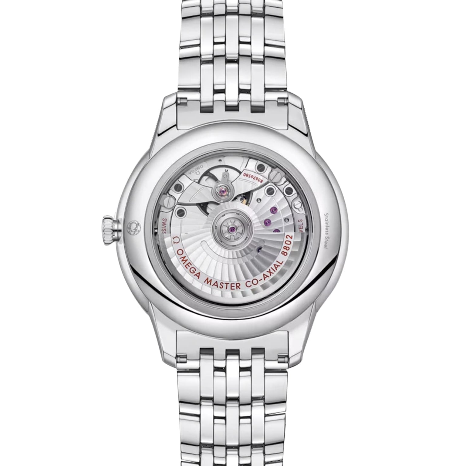 Back view of the OMEGA De Ville Prestige showcases its visible mechanical movement and the engraved OMEGA MASTER CO-AXIAL 8902 on the rotor—a true Master Chronometer from OMEGA.