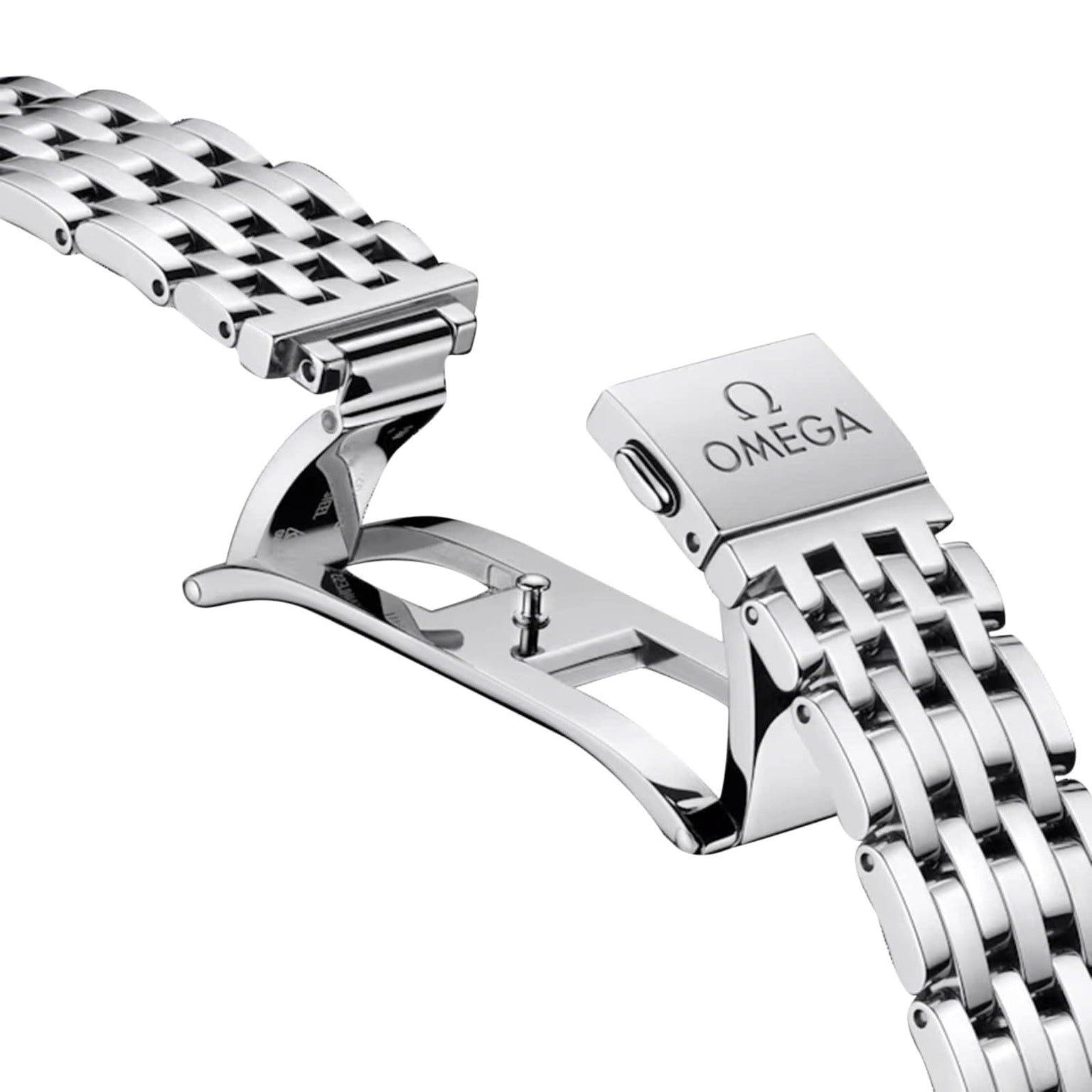 Close-up of the OMEGA De Ville Prestige stainless steel bracelet with deployment clasp, partially open to showcase its precise mechanism and exceptional craftsmanship.