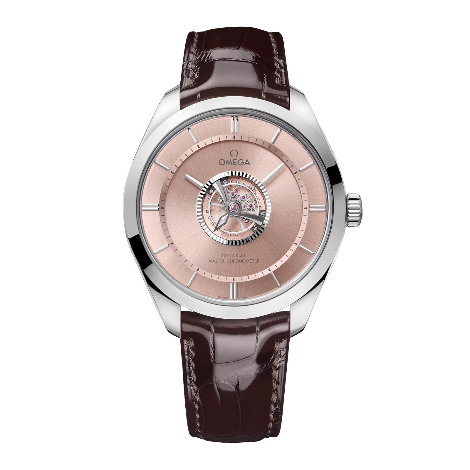 The OMEGA De Ville Tourbillon is a wristwatch with a silver case, brown leather strap, pink dial showcasing an exposed central mechanism, OMEGA branding, and silver hour markers.