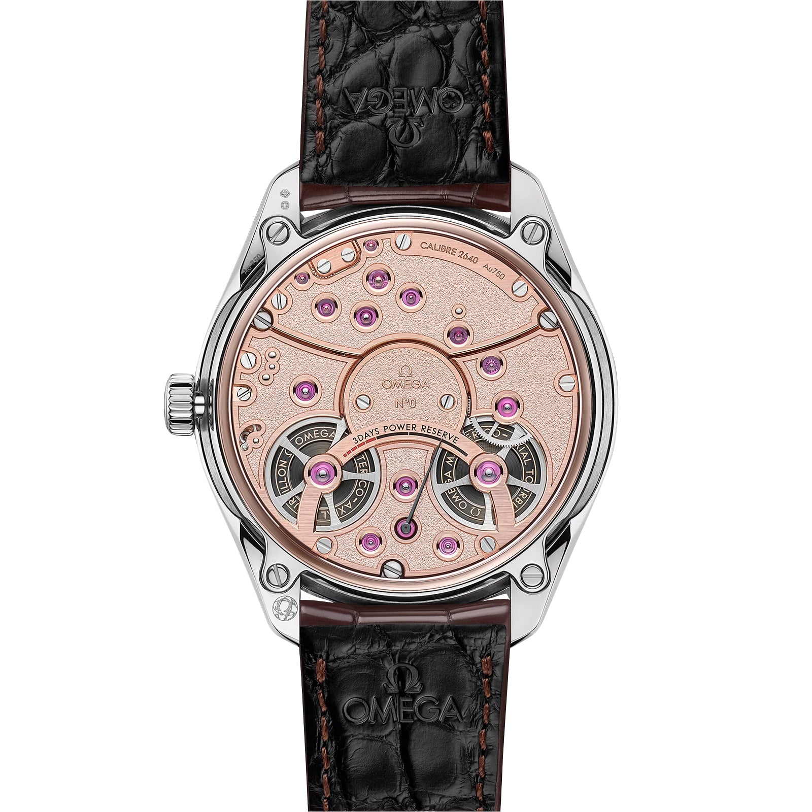 The image shows the back of the OMEGA De Ville Tourbillon featuring an exposed rose-gold mechanical movement with decorative jewels and a black leather strap embossed with the OMEGA logo.