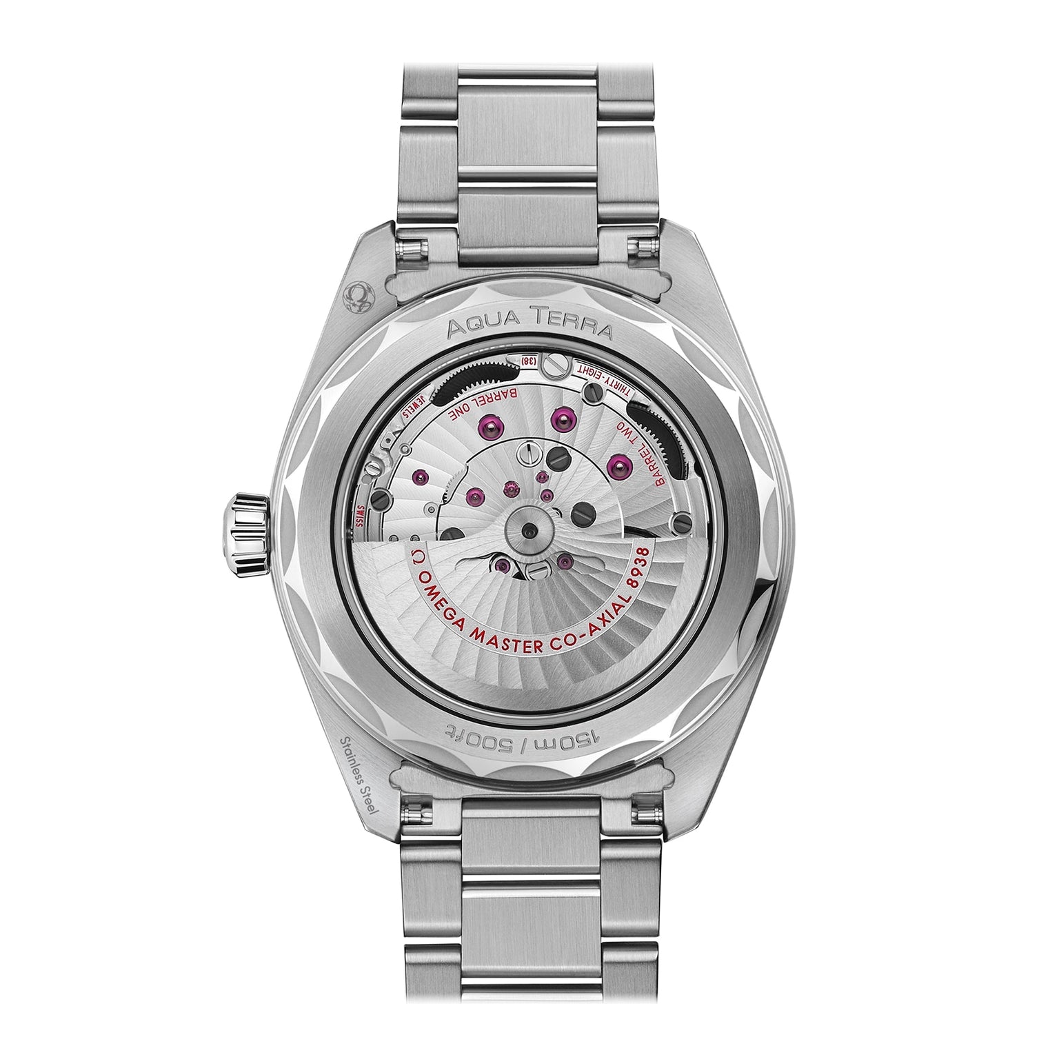 Back view of the OMEGA Seamaster Aqua Terra 150M highlights its exposed mechanical movement, sapphire caseback, and stainless steel bracelet.