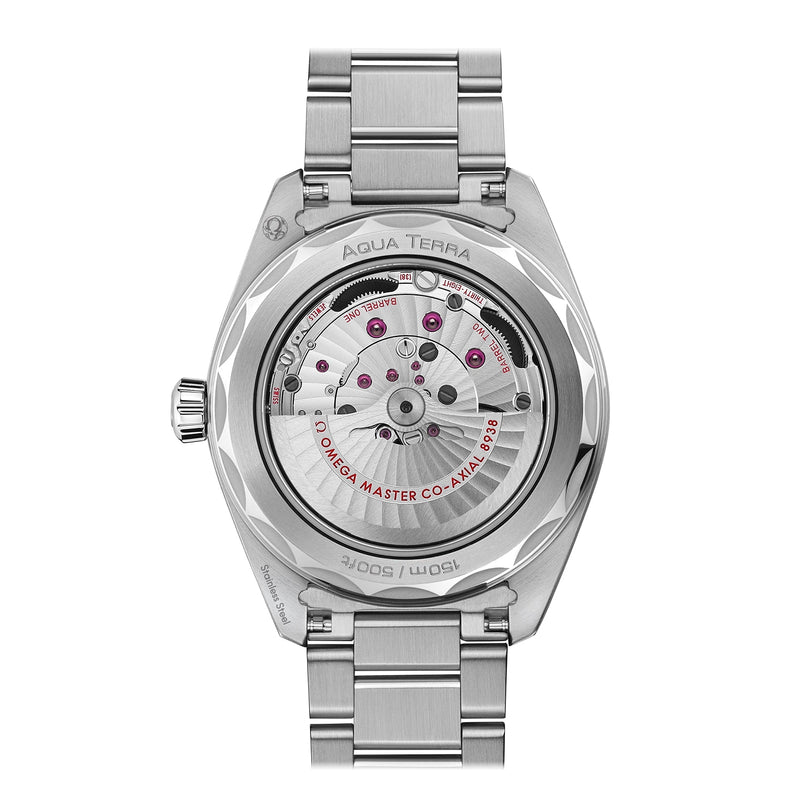 Back view of the OMEGA Seamaster Aqua Terra 150M highlights its exposed mechanical movement, sapphire caseback, and stainless steel bracelet.