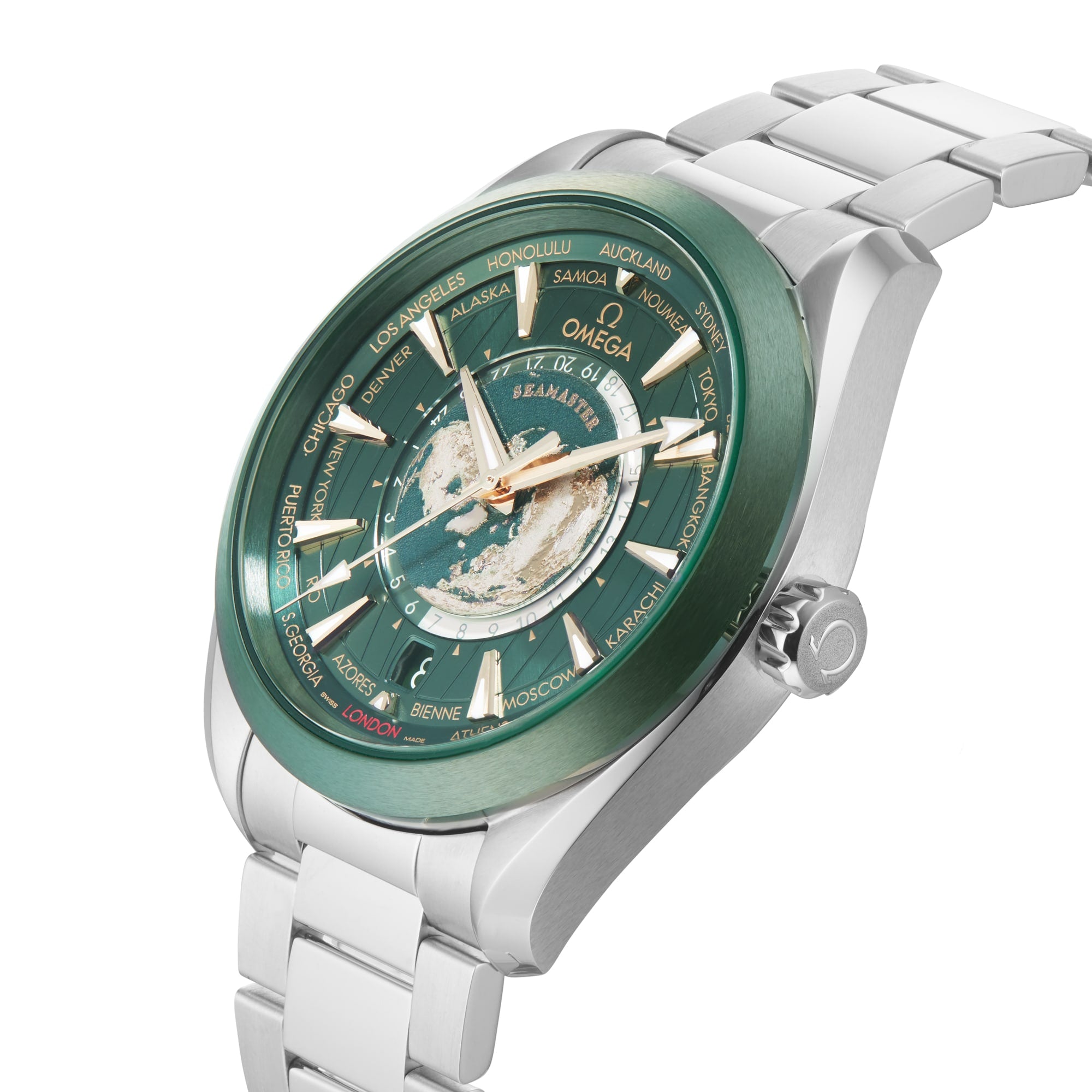 The OMEGA Seamaster Aqua Terra 150M features a green dial with global cities on the bezel, a central map, and comes in a stainless steel case with matching metal bracelet.