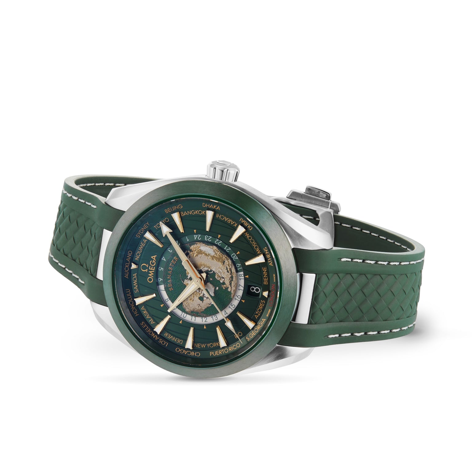 The OMEGA Seamaster Aqua Terra 150M features a green world map dial, city names encircling the face, and a green textured strap with white stitching.