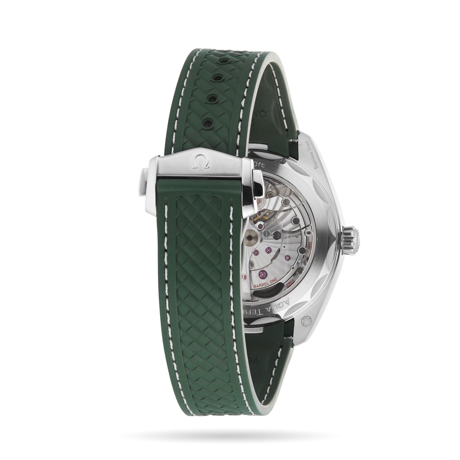 A close-up of the OMEGA Seamaster Aqua Terra 150M highlights its green textured rubber strap and transparent case back, revealing the detailed mechanical movement within.