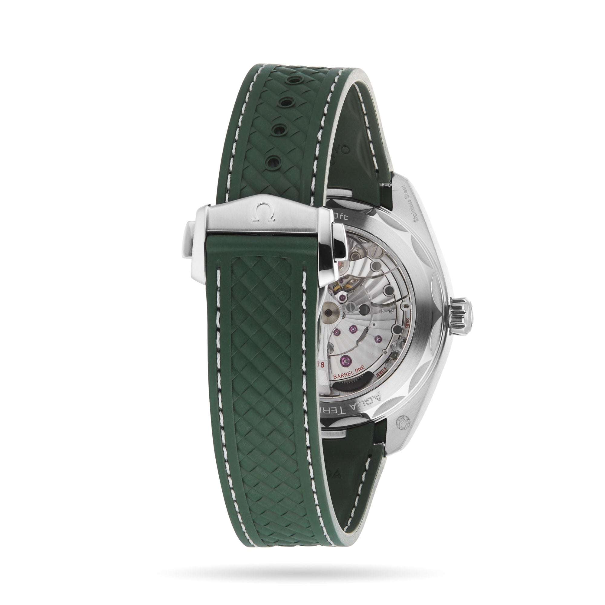 A close-up of the OMEGA Seamaster Aqua Terra 150M highlights its green textured rubber strap and transparent case back, revealing the detailed mechanical movement within.