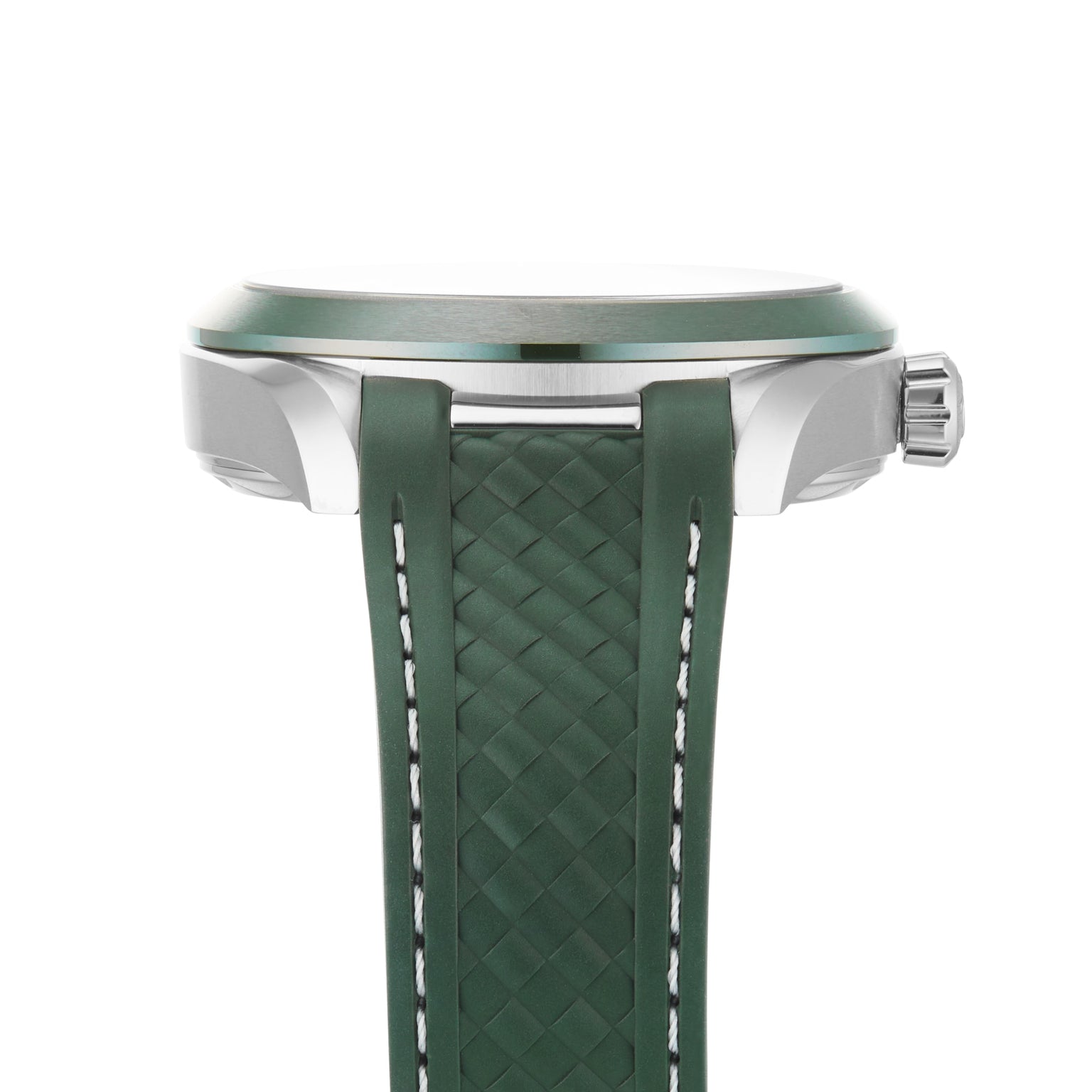 Side view of an OMEGA Seamaster Aqua Terra 150M with a silver case, green bezel, and green textured strap with white stitching from the Worldtimer collection.