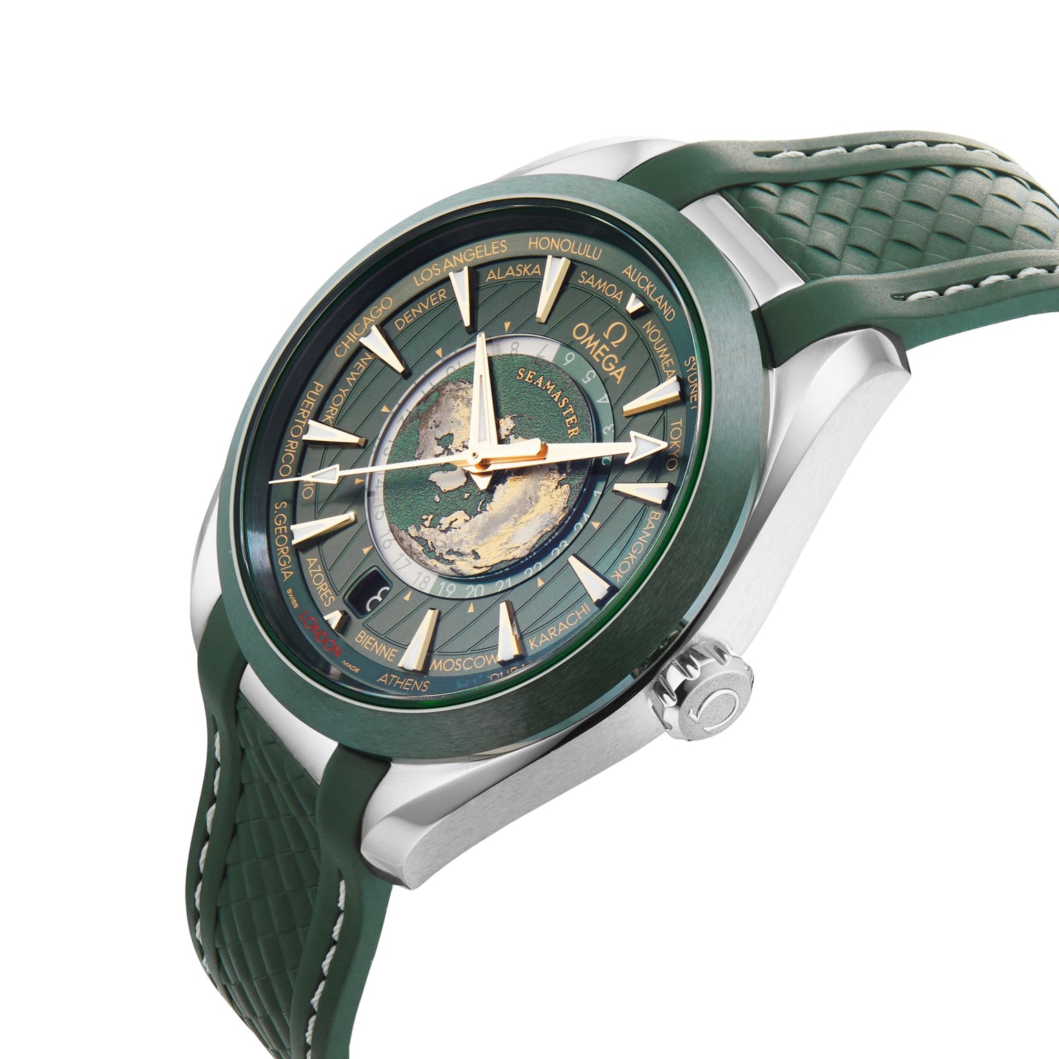 The OMEGA Seamaster Aqua Terra 150M from the Worldtimer line features a green strap, detailed world map dial, and world city markers; shown angled on a white background.